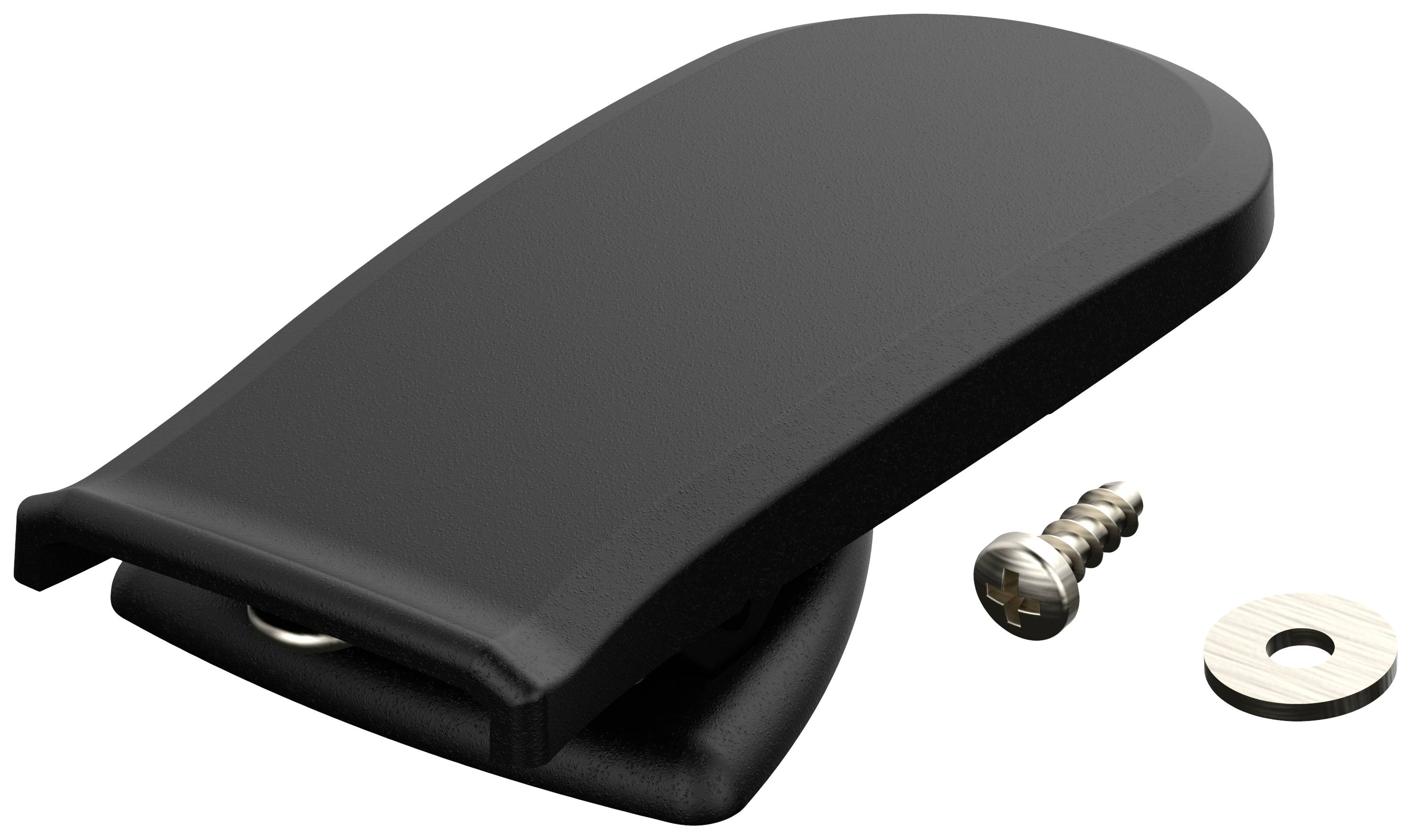 Schwarzer Gürtelclip mit Schraube und Unterlegscheibe, geeignet für sichere Befestigung an verschiedenen Oberflächen.