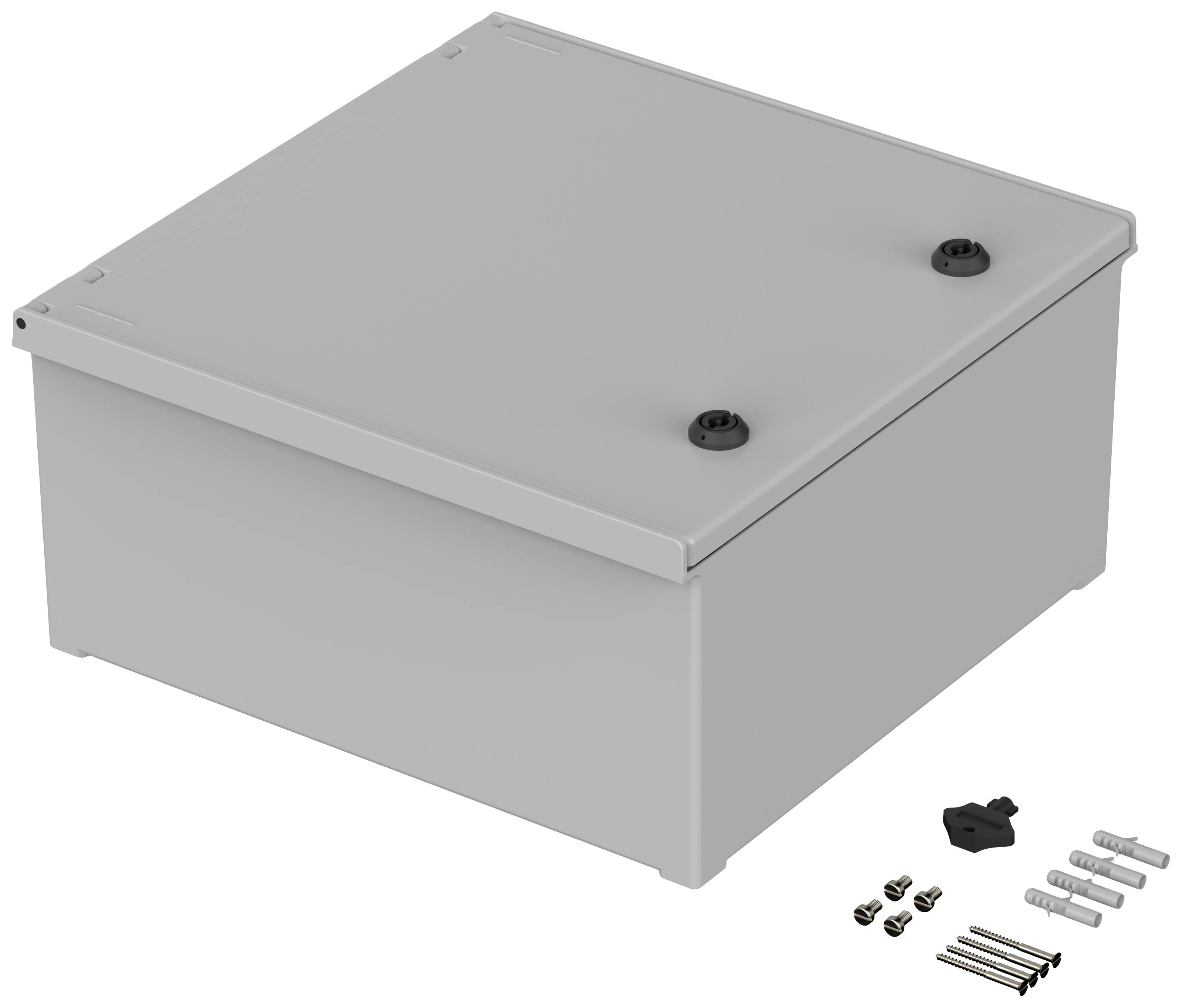 Graues, rechteckiges Gehäuse mit abnehmbarem Deckel, gezeigt mit den dazugehörigen Schrauben und Befestigungsmaterial.