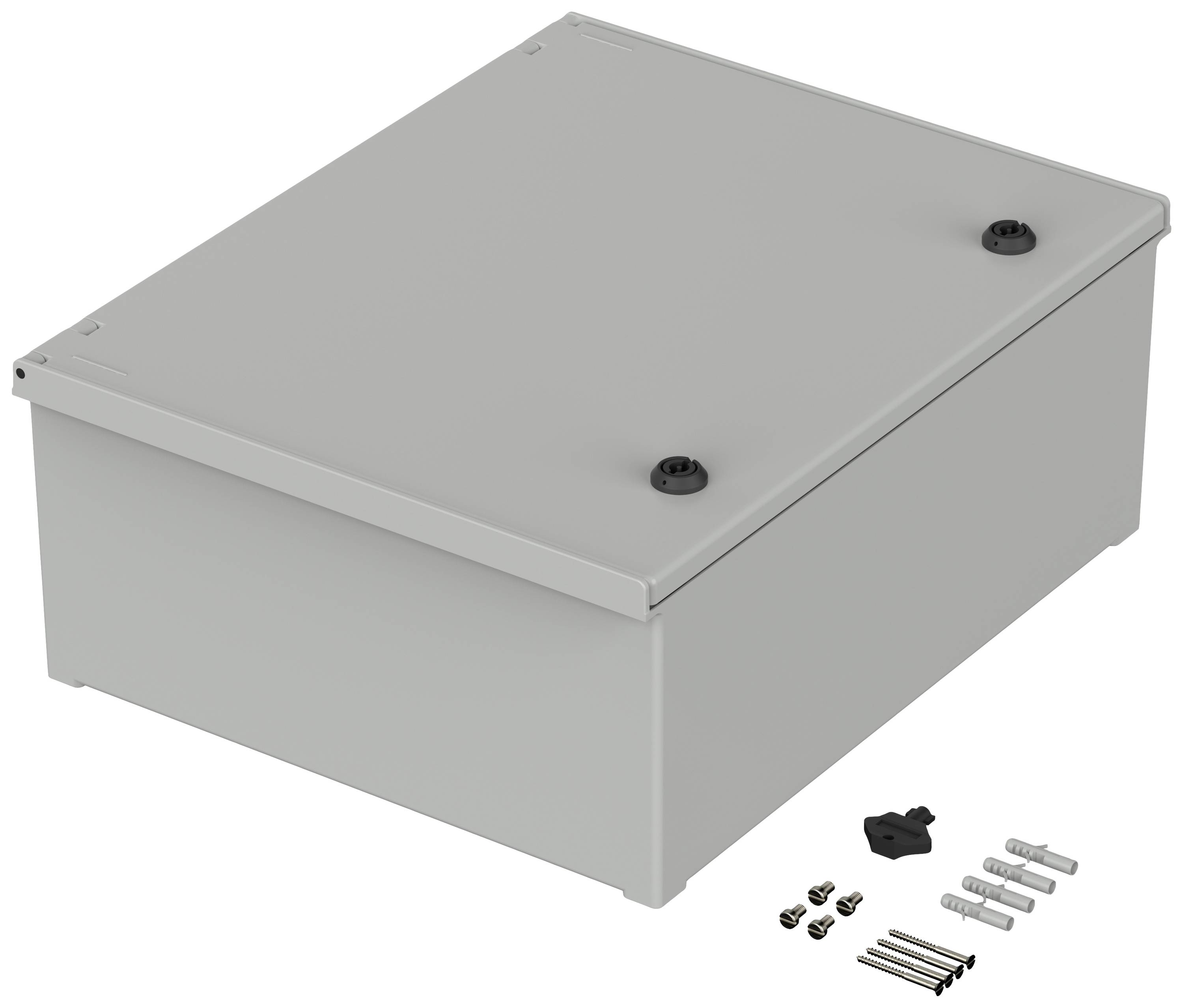 Grauer Metallkasten mit abnehmbarem Deckel, zwei schwarzen Schrauben auf der Oberseite, daneben Befestigungsmaterialien wie Schrauben und Dübel.