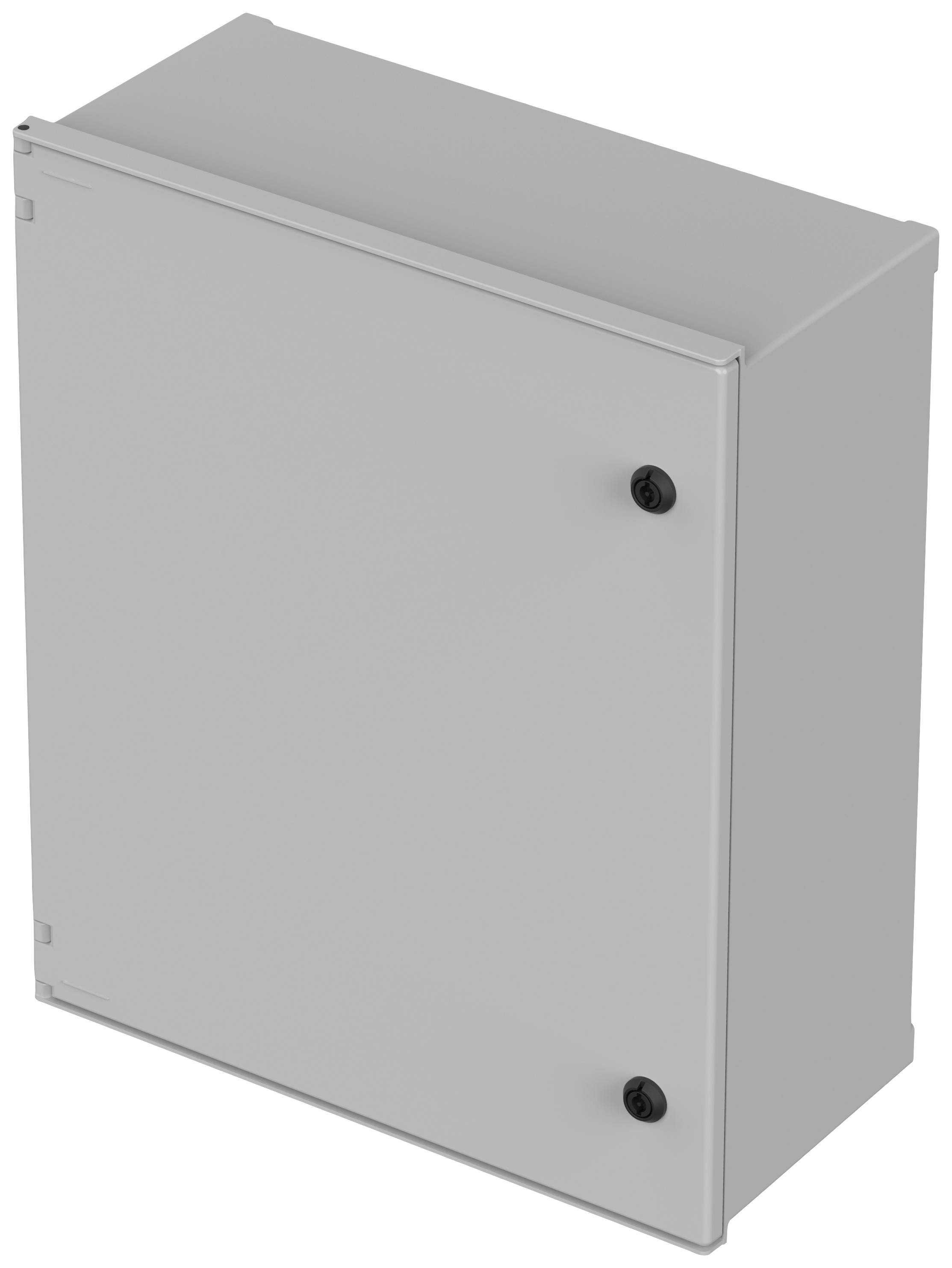 Metallischer Schaltschrank mit zwei schwarzen Verschlüssen an der Vorderseite. Rechteckige, graue Oberfläche.