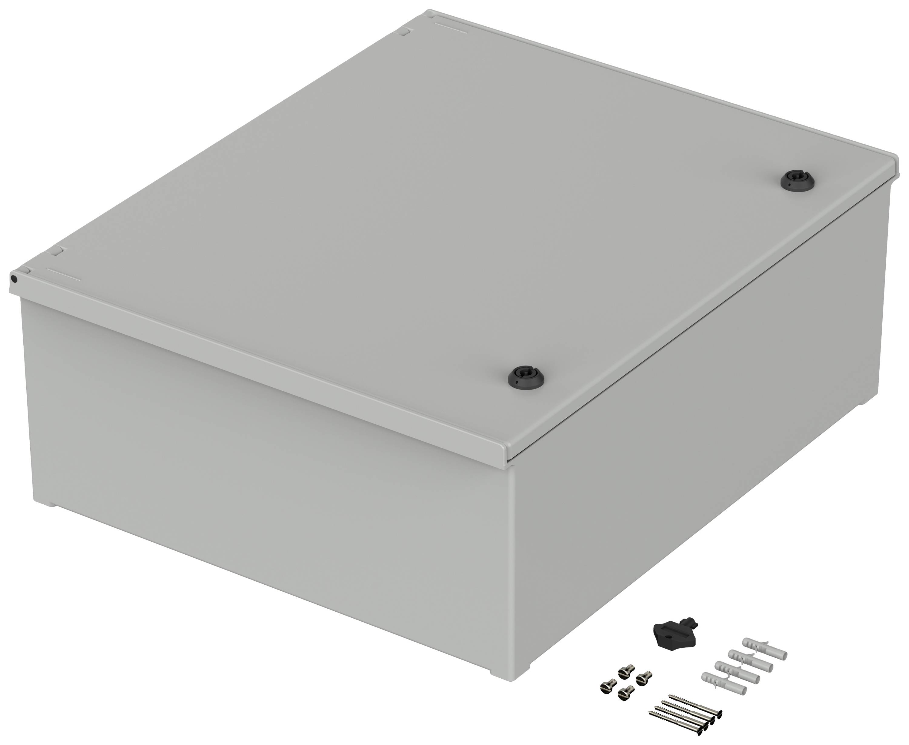 Ein graues Metallgehäuse mit Schrauben und Dübeln liegt auf einem weißen Hintergrund. Gehäuse zum Schutz elektrischer Geräte.