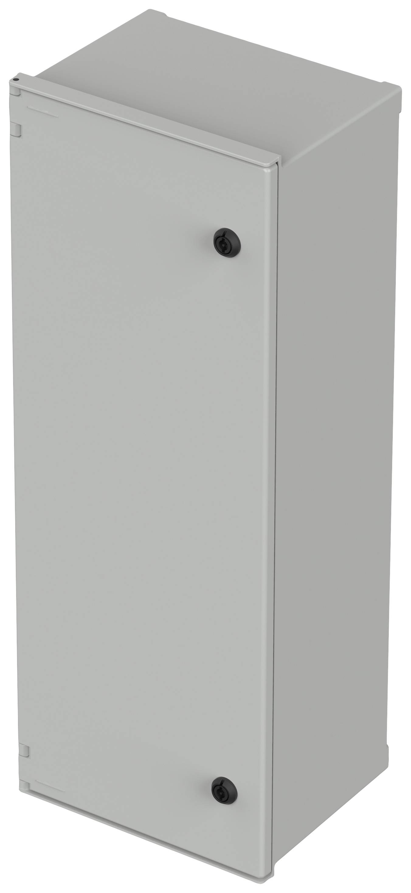 Grauer, rechteckiger Metallschrank mit zwei schwarzen Griffen an der Vorderseite, möglicherweise für Aufbewahrung oder Technik.