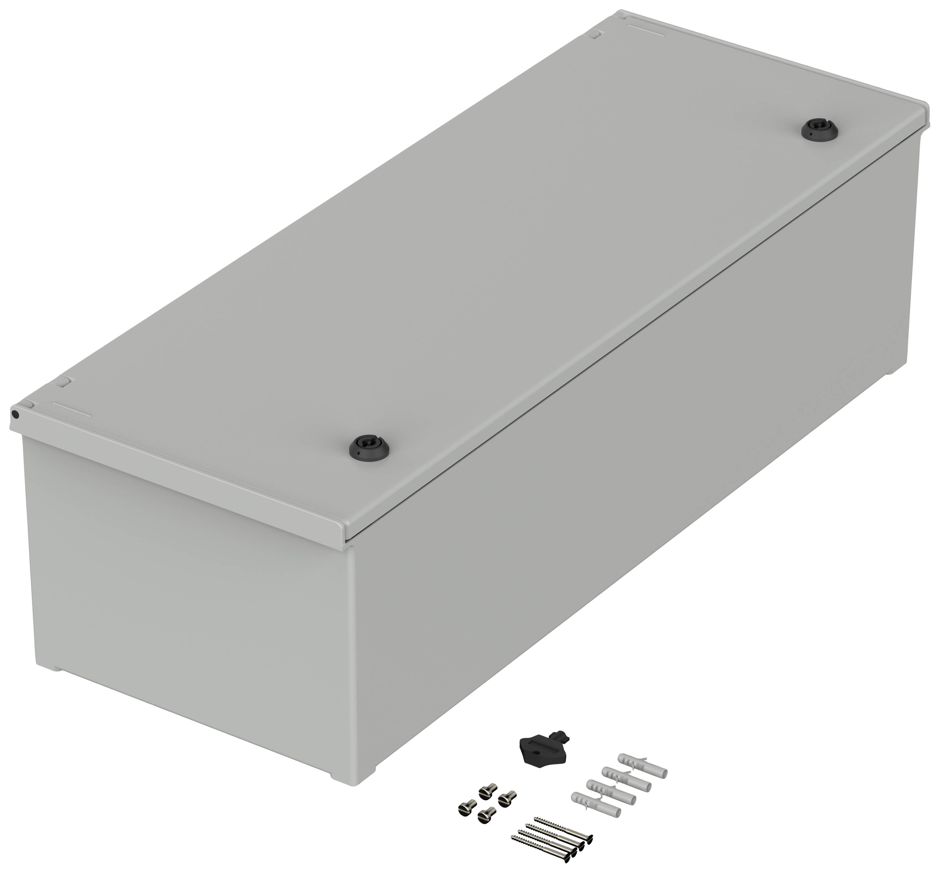 Rechteckiger, grauer Kasten mit zwei schwarzen Schrauben auf dem Deckel. Daneben liegen Schrauben und Montagezubehör.