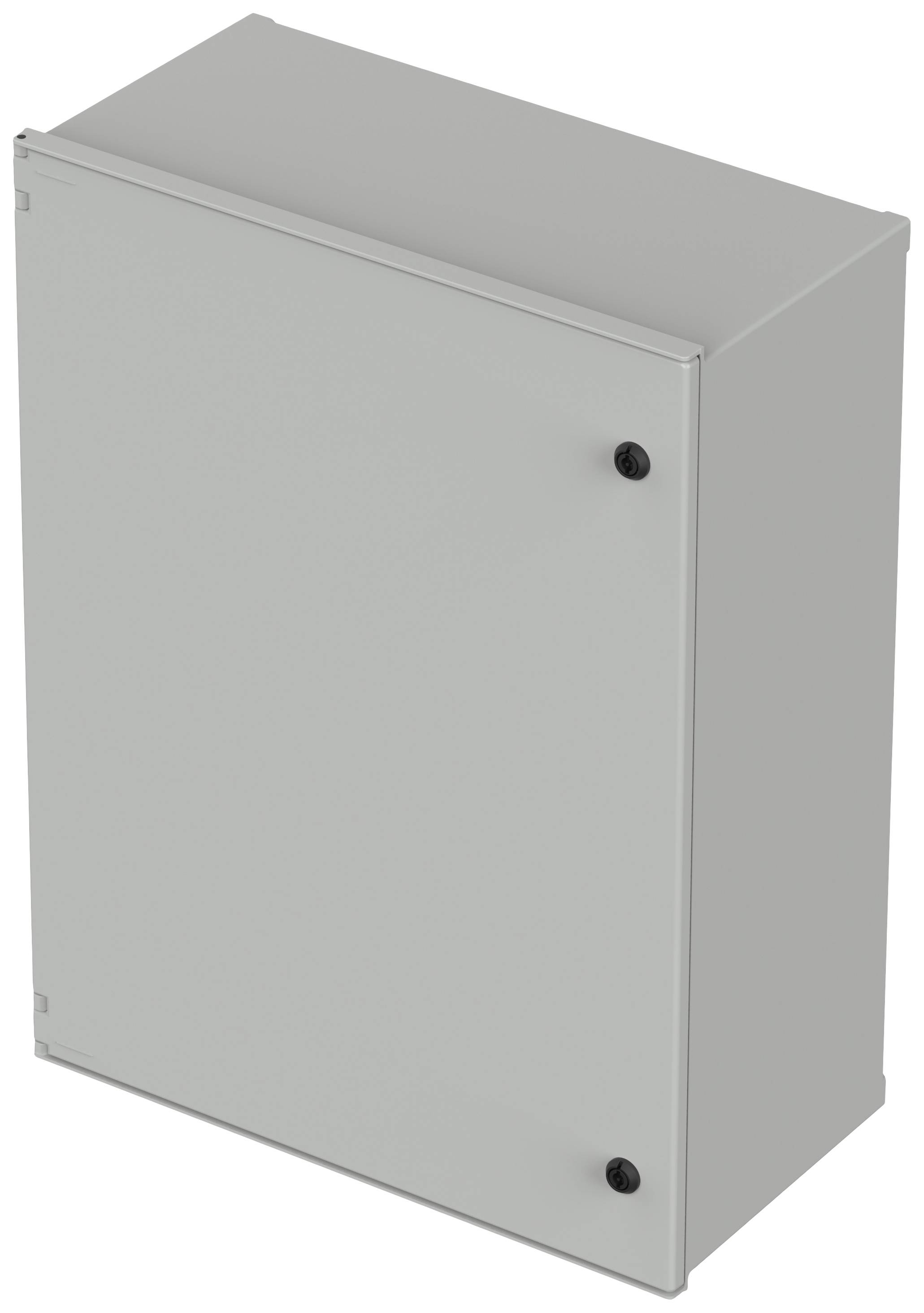 Grauer rechteckiger elektrischer Schaltschrank mit zwei schwarzen Verriegelungen, für den Innen- oder Außenbereich geeignet.