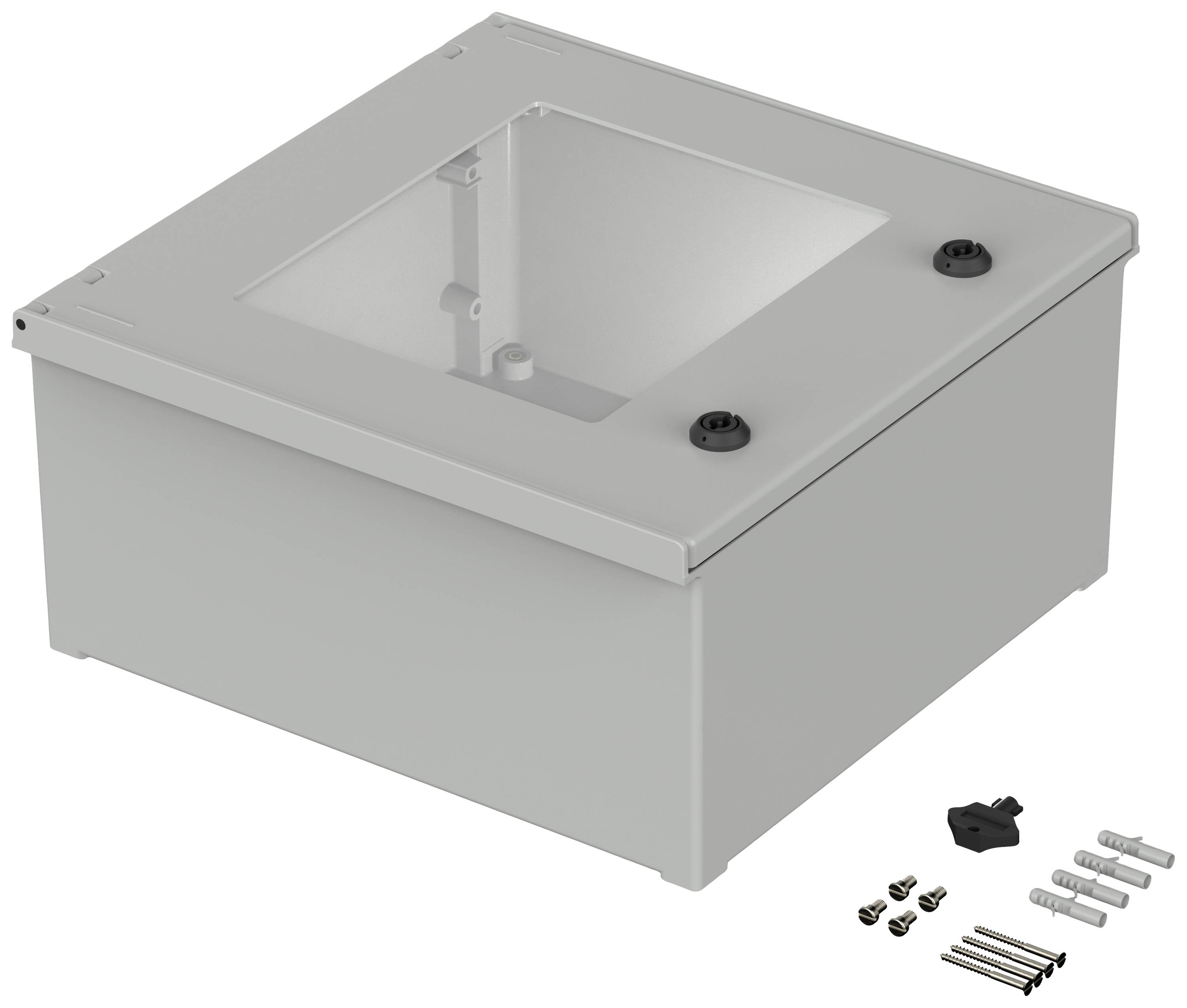 Ein rechteckiger Metallkasten mit durchsichtigem Deckel, zwei schwarzen Knöpfen und Schrauben, die daneben liegen. Eignet sich für Elektronikbauteile.