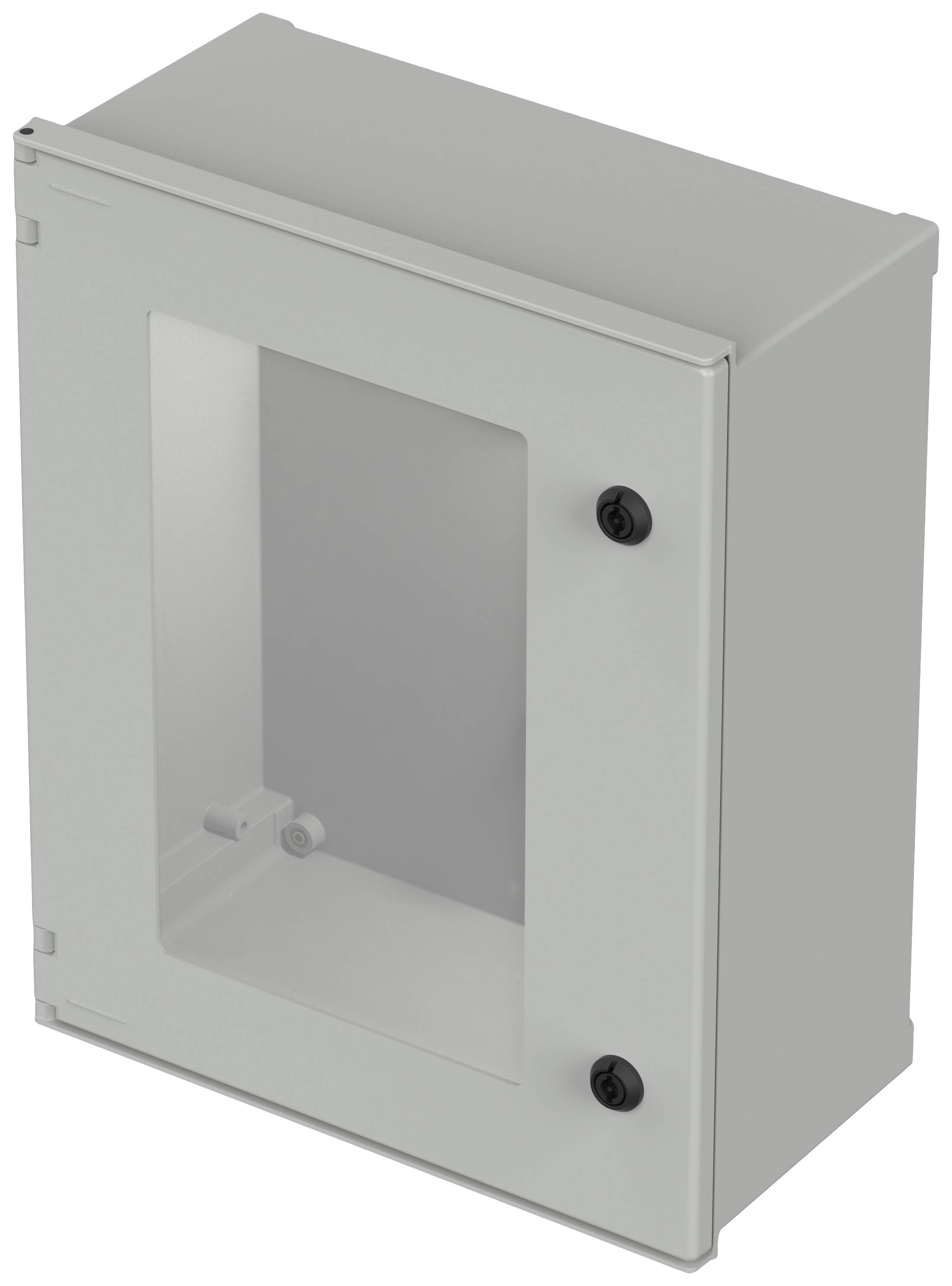 Metall-Kabelschrank mit transparenter Tür, zwei schwarzen Schlössern, geeignet für elektrische Installationen oder Netzwerkgeräte.