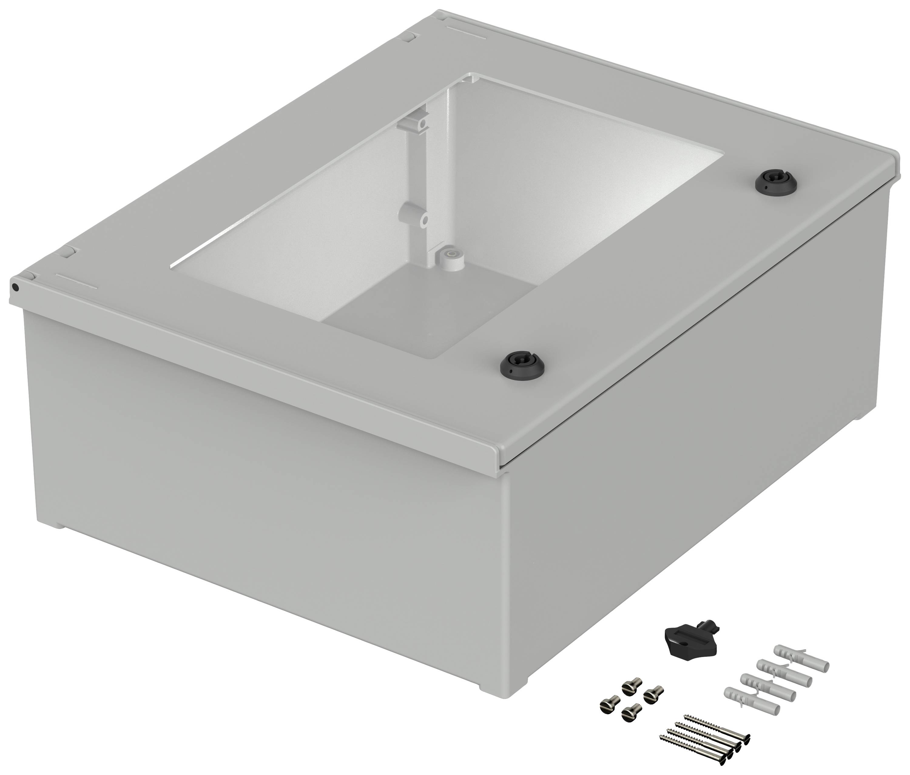 Rechteckiger Metallkasten mit transparentem Deckel, Schrauben und Befestigungsmaterialien daneben, zur Montage oder Aufbewahrung geeignet.