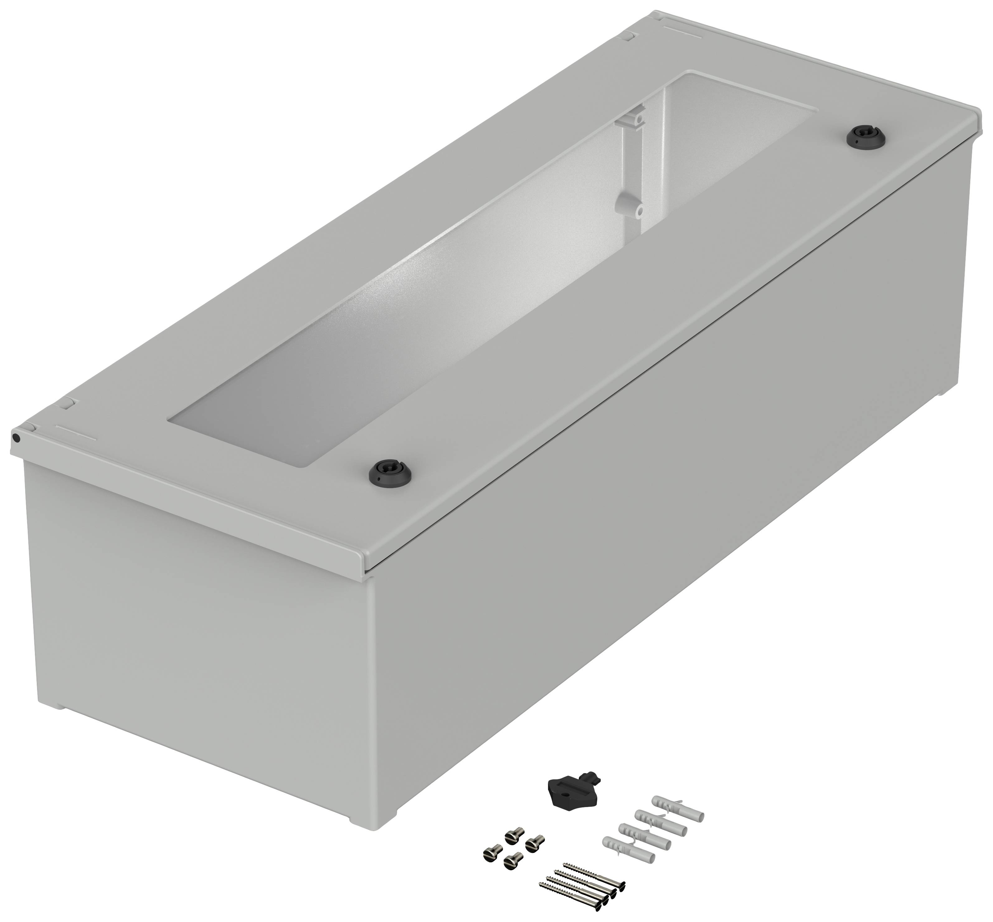 Ein rechteckiger bodenmontierter grauer Fachboden mit offenem Fach und Scheibe, daneben liegen Montageschrauben und Zubehör.