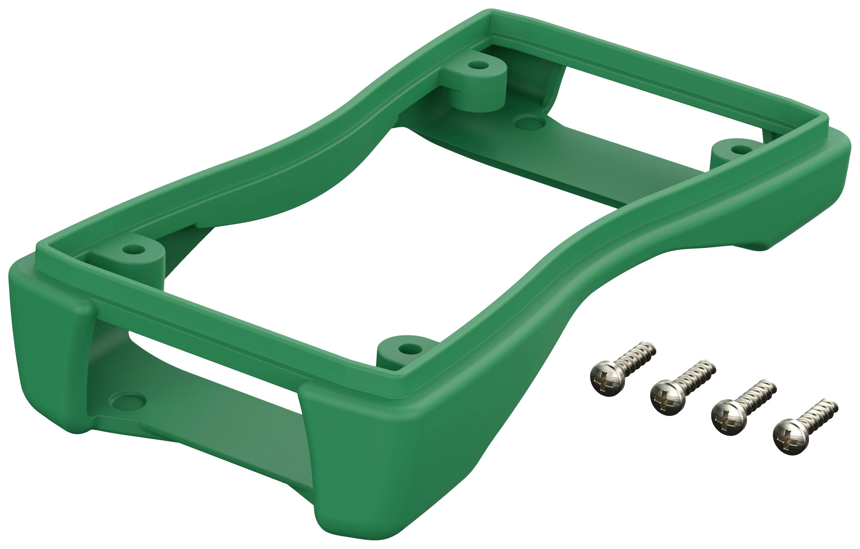 Grüner Kunststoffrahmen mit vier Metallschrauben daneben.