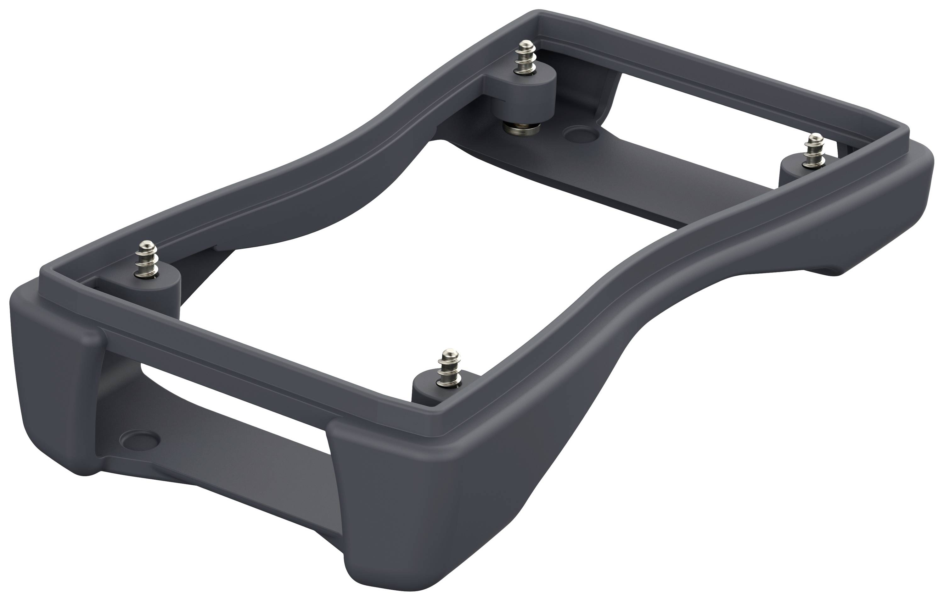 Ein schwarzer Kunststoffrahmen für die Montage, mit vier herausragenden Schrauben in den Ecken.