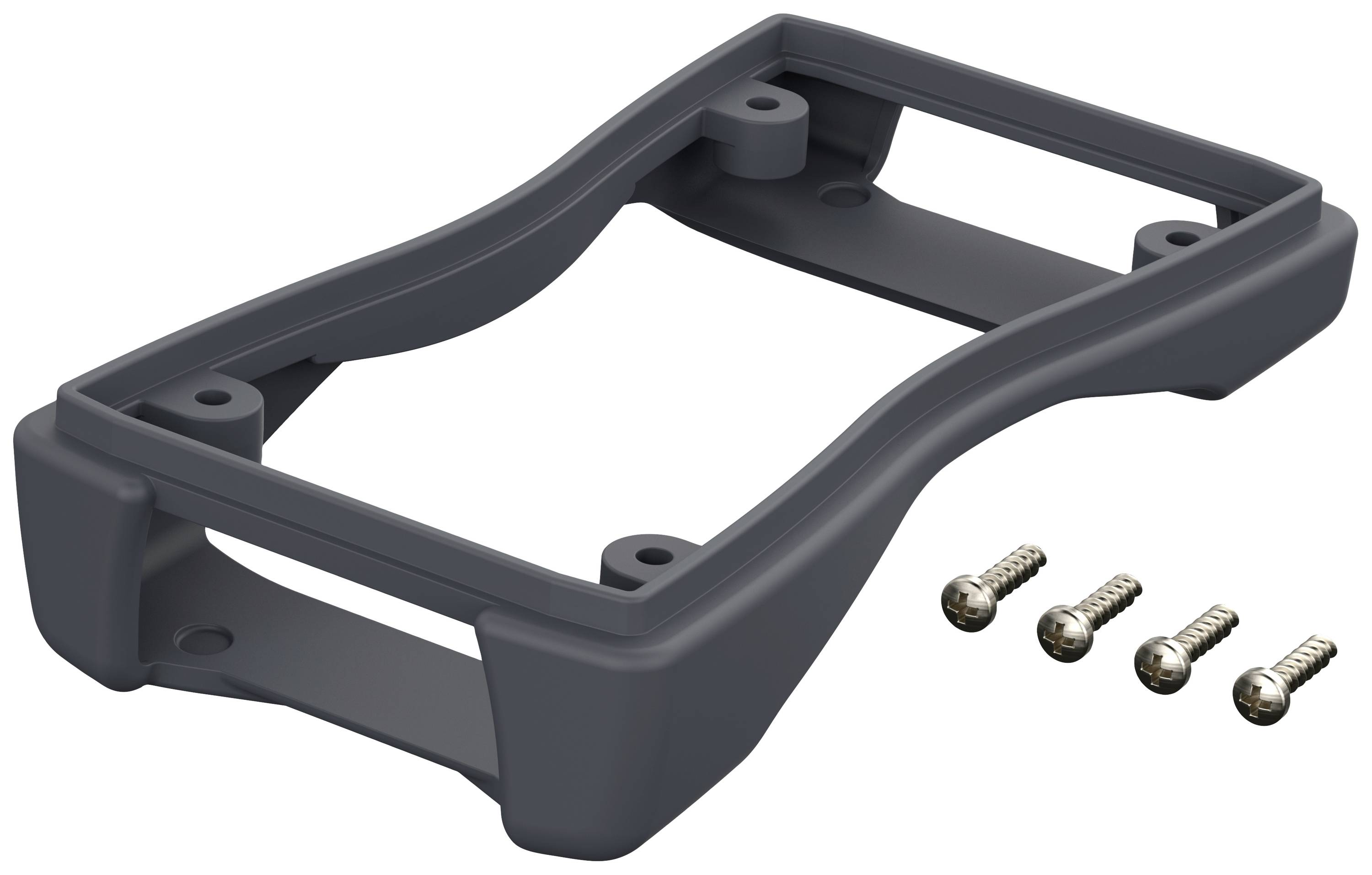 Gehäusehalterung aus grauem Kunststoff mit vier silbernen Schrauben daneben.