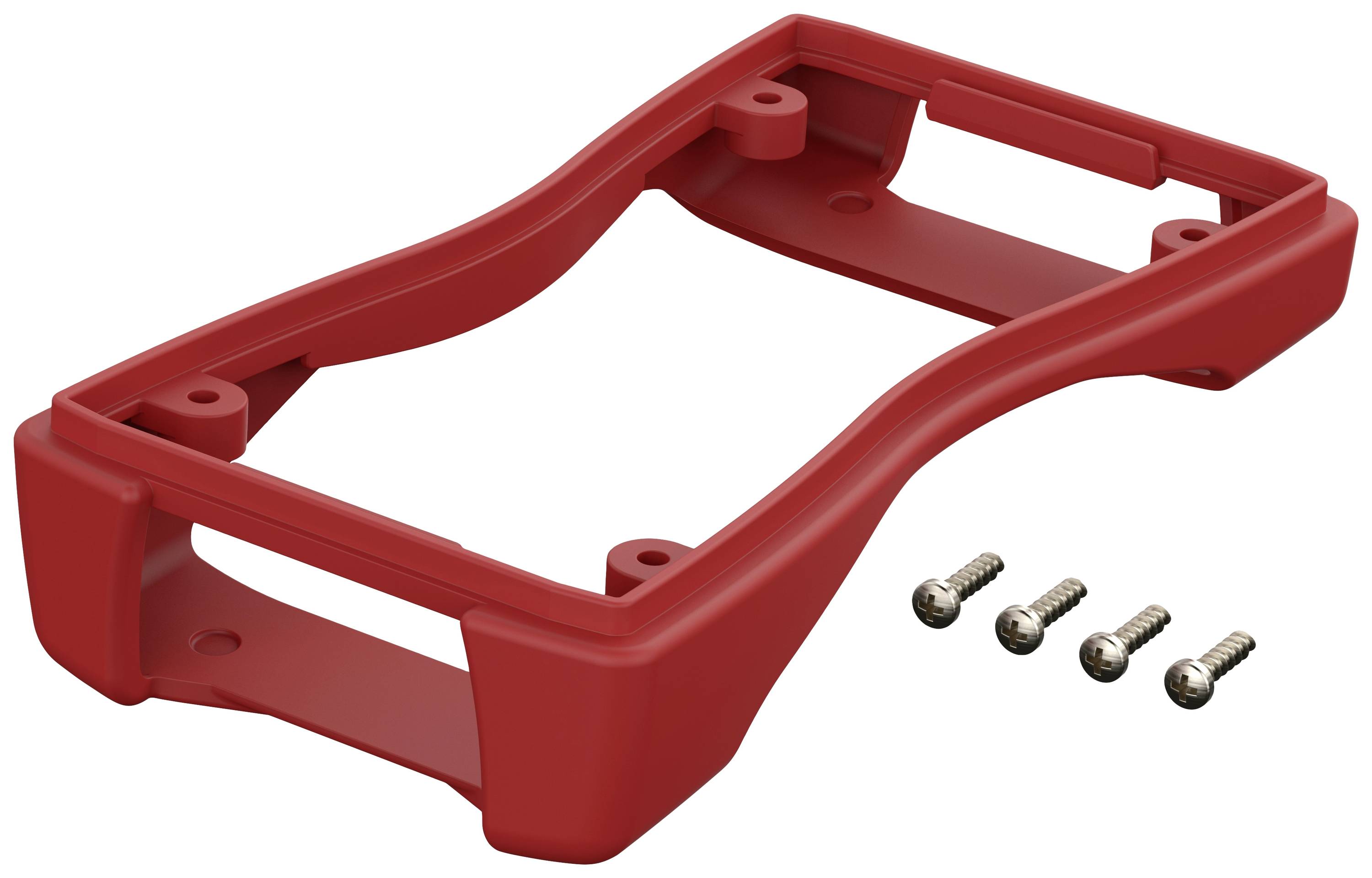 Roter Kunststoffrahmen mit vier silbernen Schrauben, vermutlich zur Montage oder Befestigung eines Geräts oder einer Komponente.
