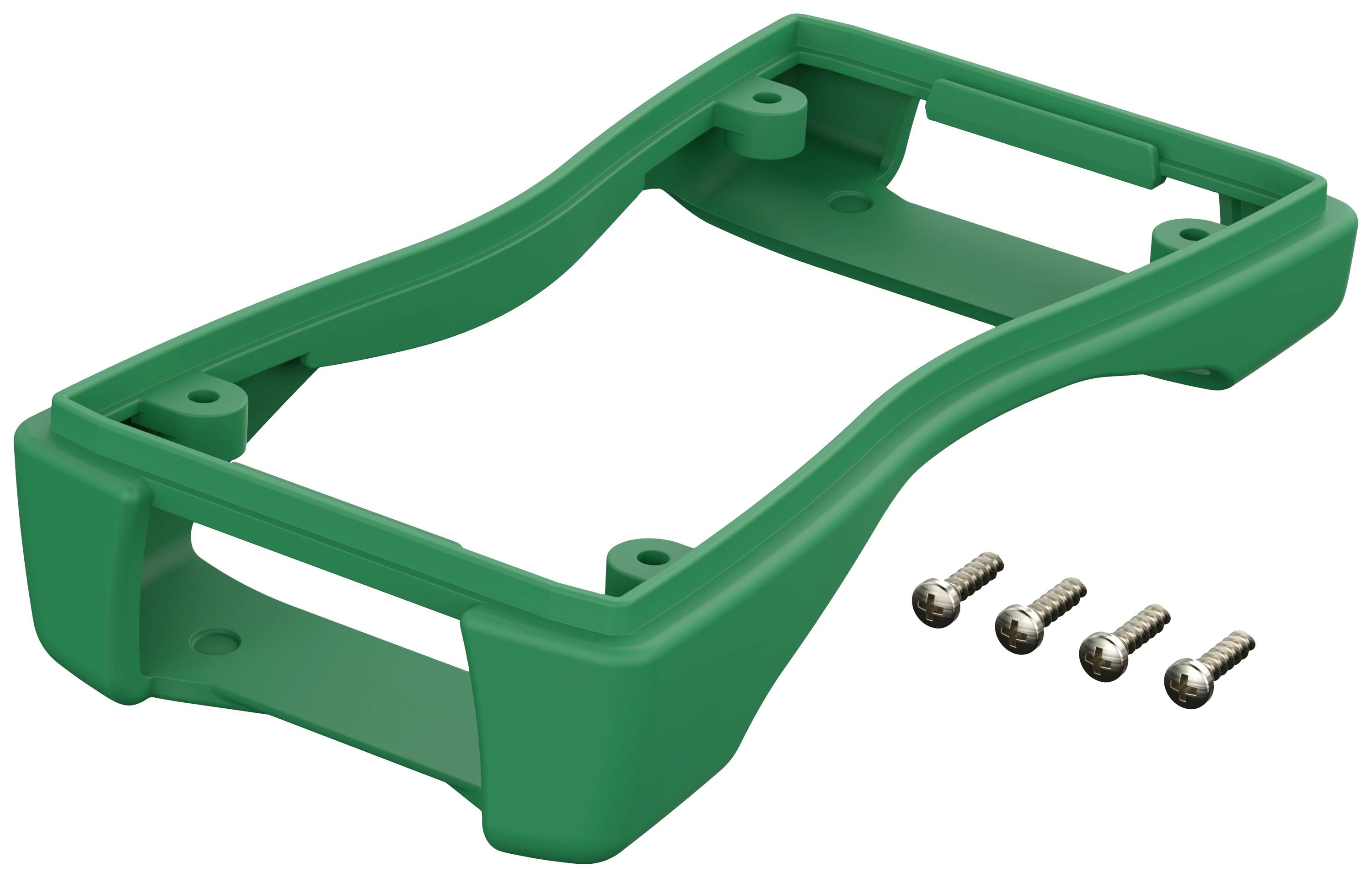 Grüne Plastikhalterung mit vier silbernen Schrauben nebeneinander angeordnet.