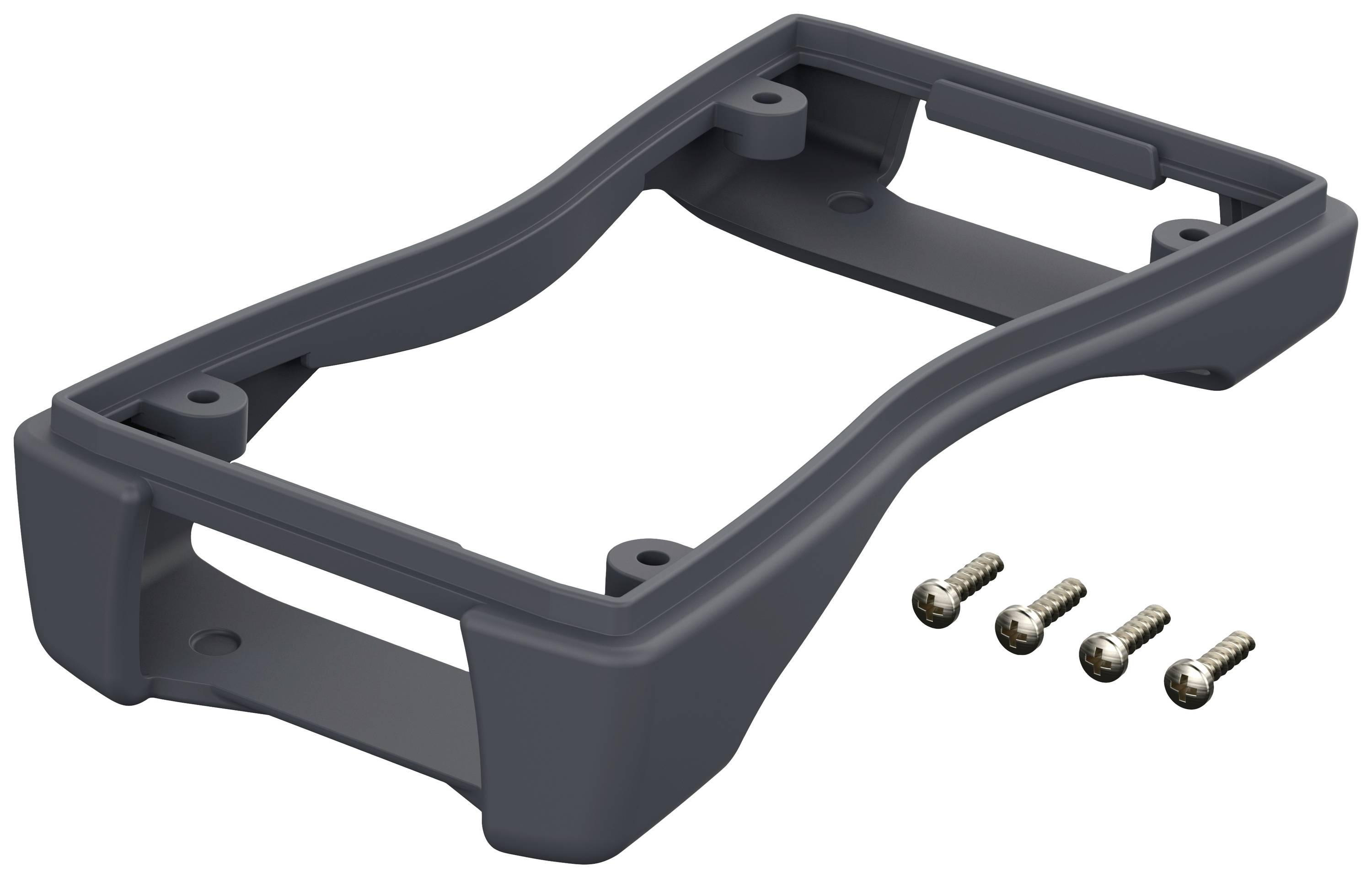 Ein grauer Kunststoffrahmen mit gebogenen Kanten, auf einer Seite vier Schrauben.