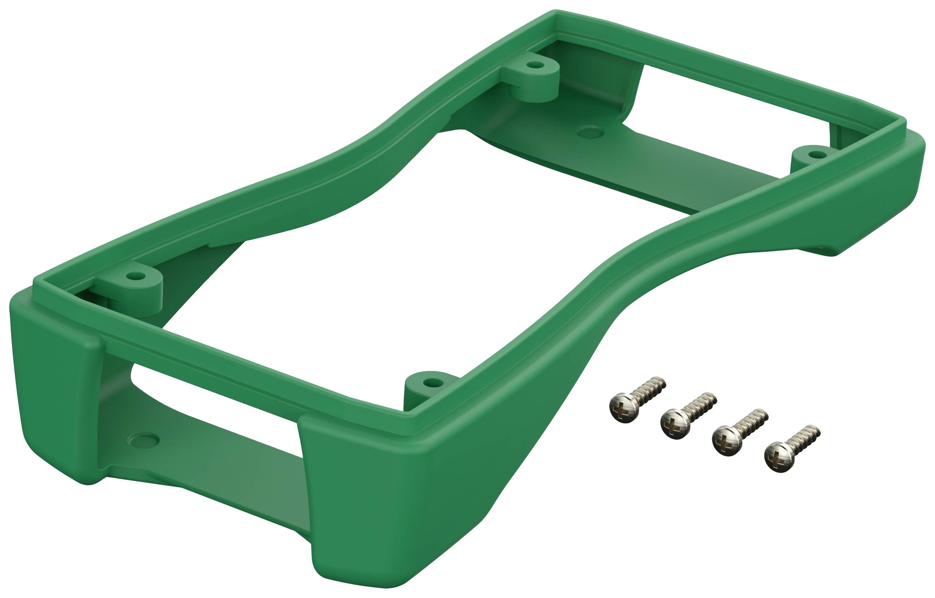 Grüner Kunststoffrahmen mit vier silbernen Schrauben daneben; möglicherweise ein Teil eines Gehäuses oder Abdeckungsträgers.