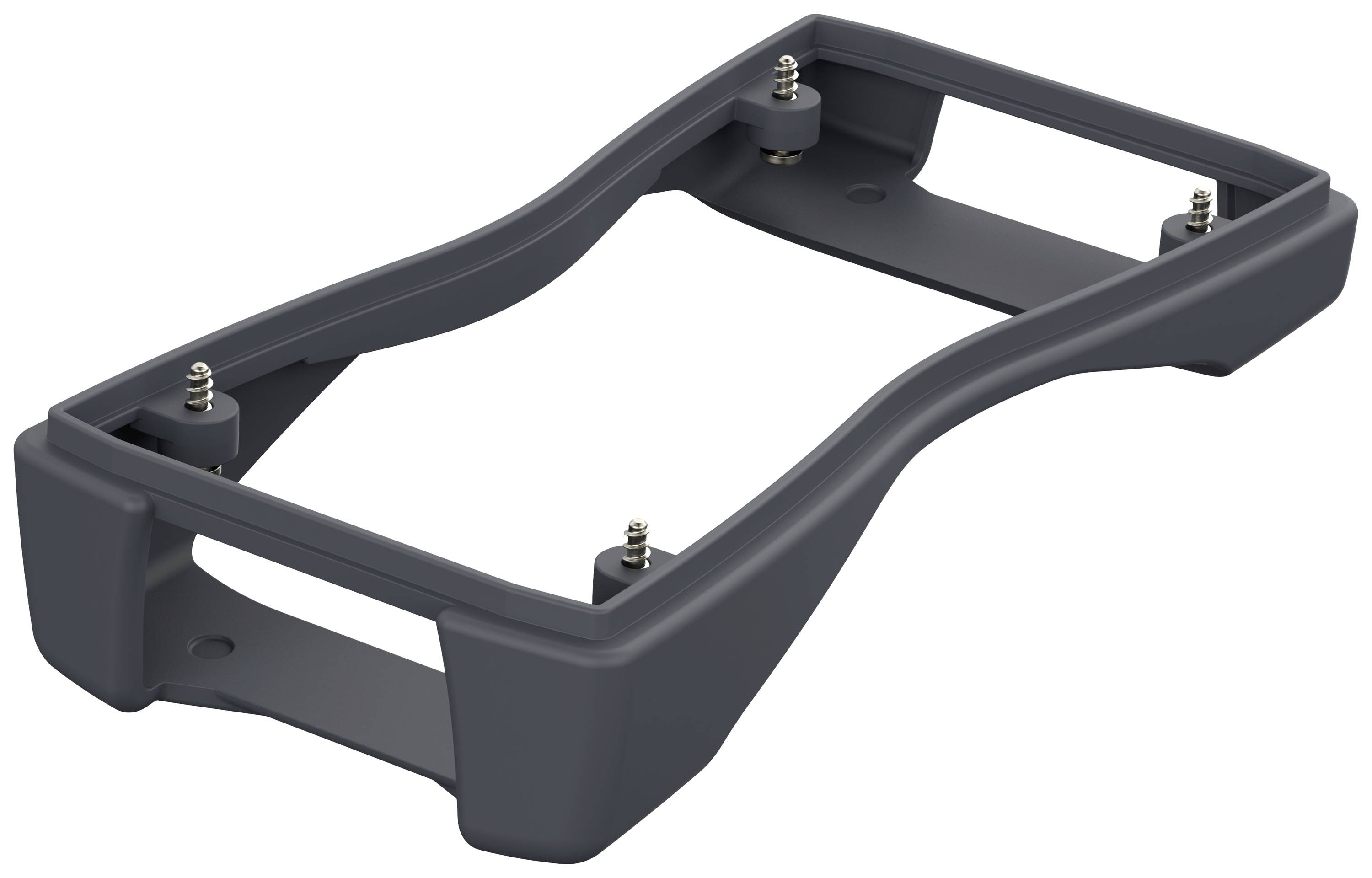 Ein rechteckiger, dunkelgrauer Kunststoffrahmen mit abgerundeten Ecken und vier Metallbolzen an den Ecken, perspektivisch von oben gezeigt.
