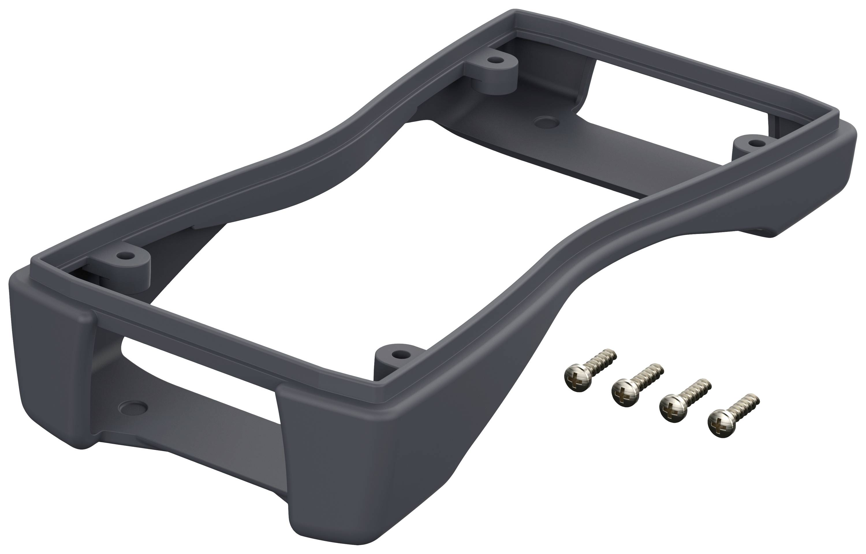 Ein rechteckiger, grauer Kunststoffrahmen mit abgerundeten Kanten liegt neben vier kleinen Schrauben.