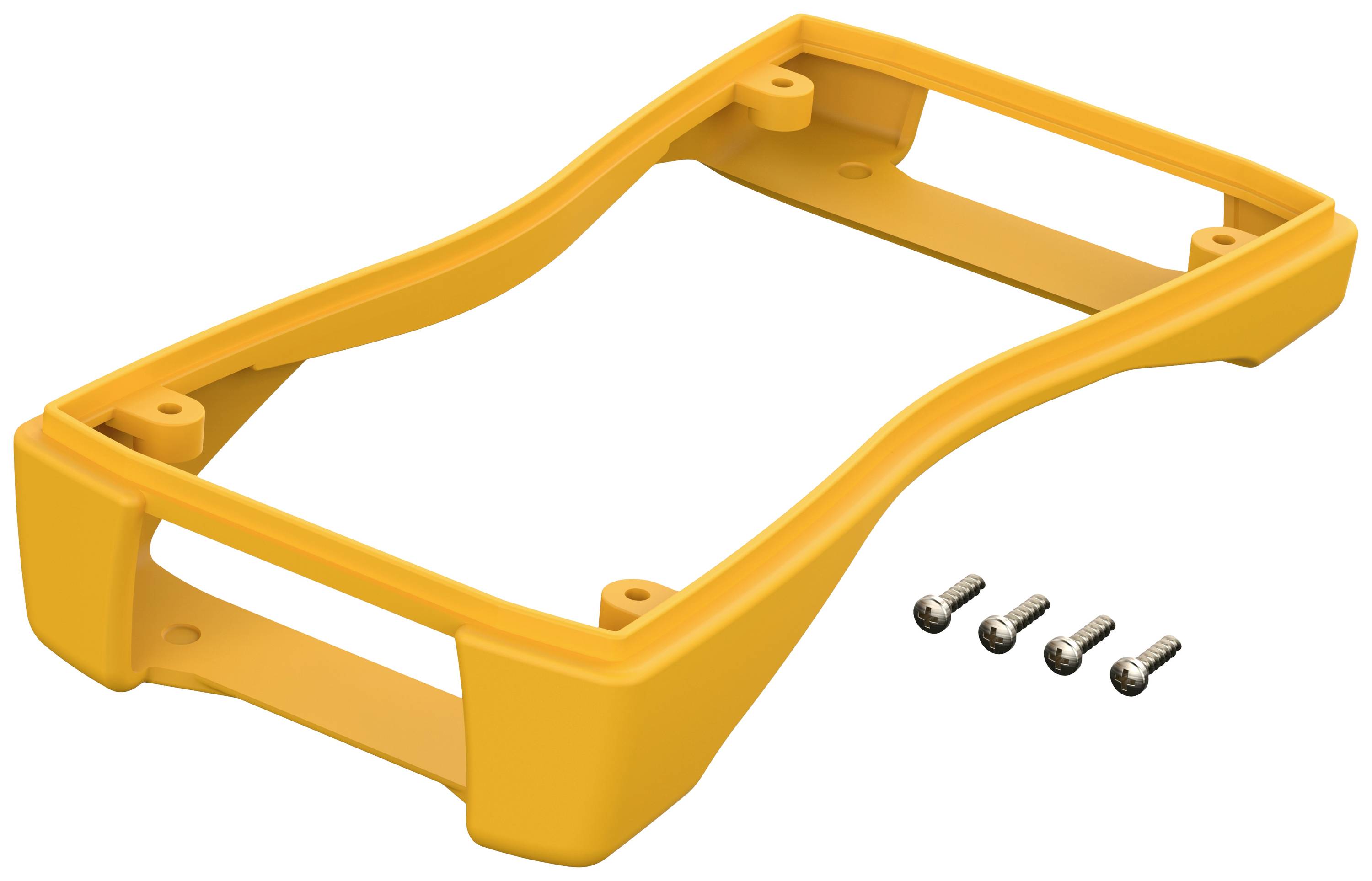Gelbes Gehäuse für ein elektronisches Gerät mit vier beigelegten Schrauben.