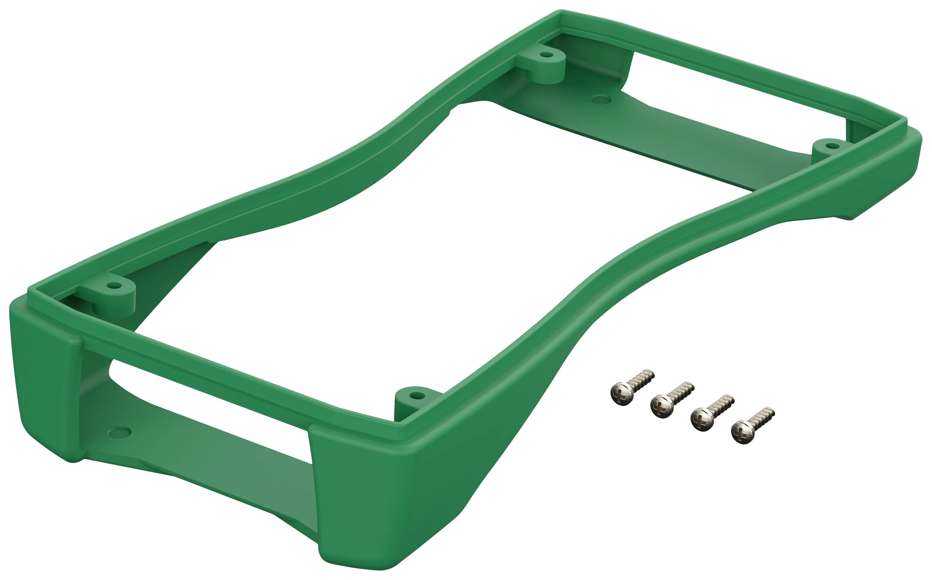 Grüne Kunststoffhalterung mit geschwungenem Design, daneben vier kleine Metallschrauben.