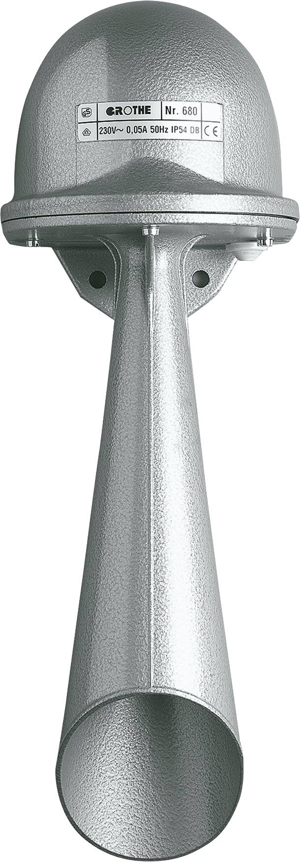 Ein grauer, metallischer Hochleistungstryphon. Es hat einen breiten, trichterförmigen Klangkörper und ist an einer Wandhalterung befestigt.