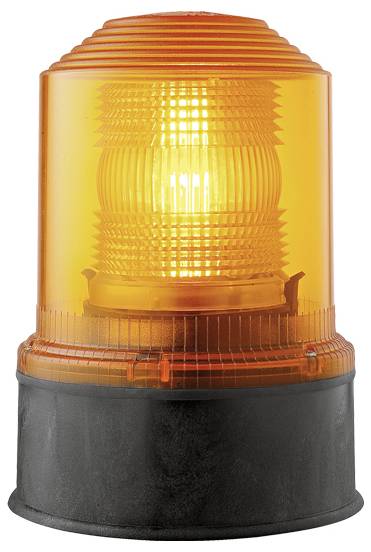 Orangefarbener Rundumleuchtturm auf schwarz-grauem Sockel, leuchtet hell. Verwendet als Warnsignal in Notfällen.