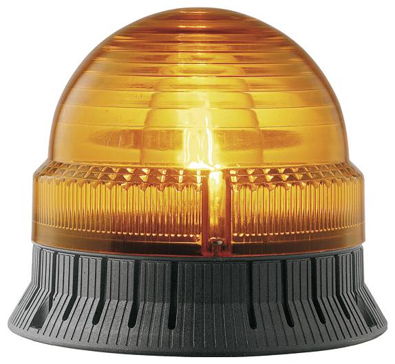 Ein orangefarbenes Warnlicht, das auf einem schwarzen Sockel montiert ist. Es signalisiert Vorsicht oder Gefahr.