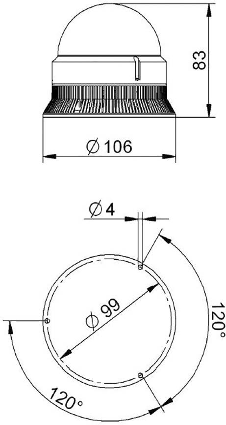 Technische Zeichnung einer runden Deckenleuchte mit Abmessungen: Durchmesser 106 mm, Höhe 83 mm. Lochdurchmesser 4 mm. Winkel 120 Grad.