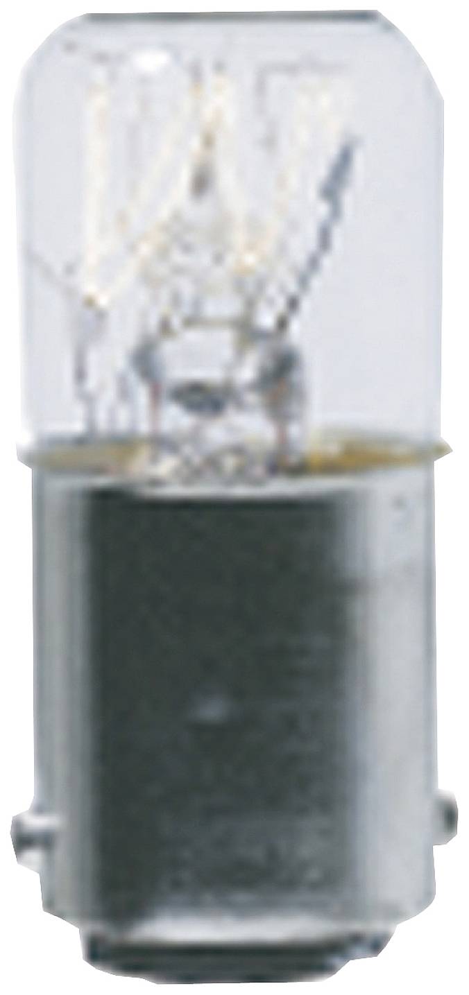 Eine kleine Glühbirne mit einem silbernen Sockel und transparentem Glas, sichtbar sind die filigranen Glühdrähte im Inneren.