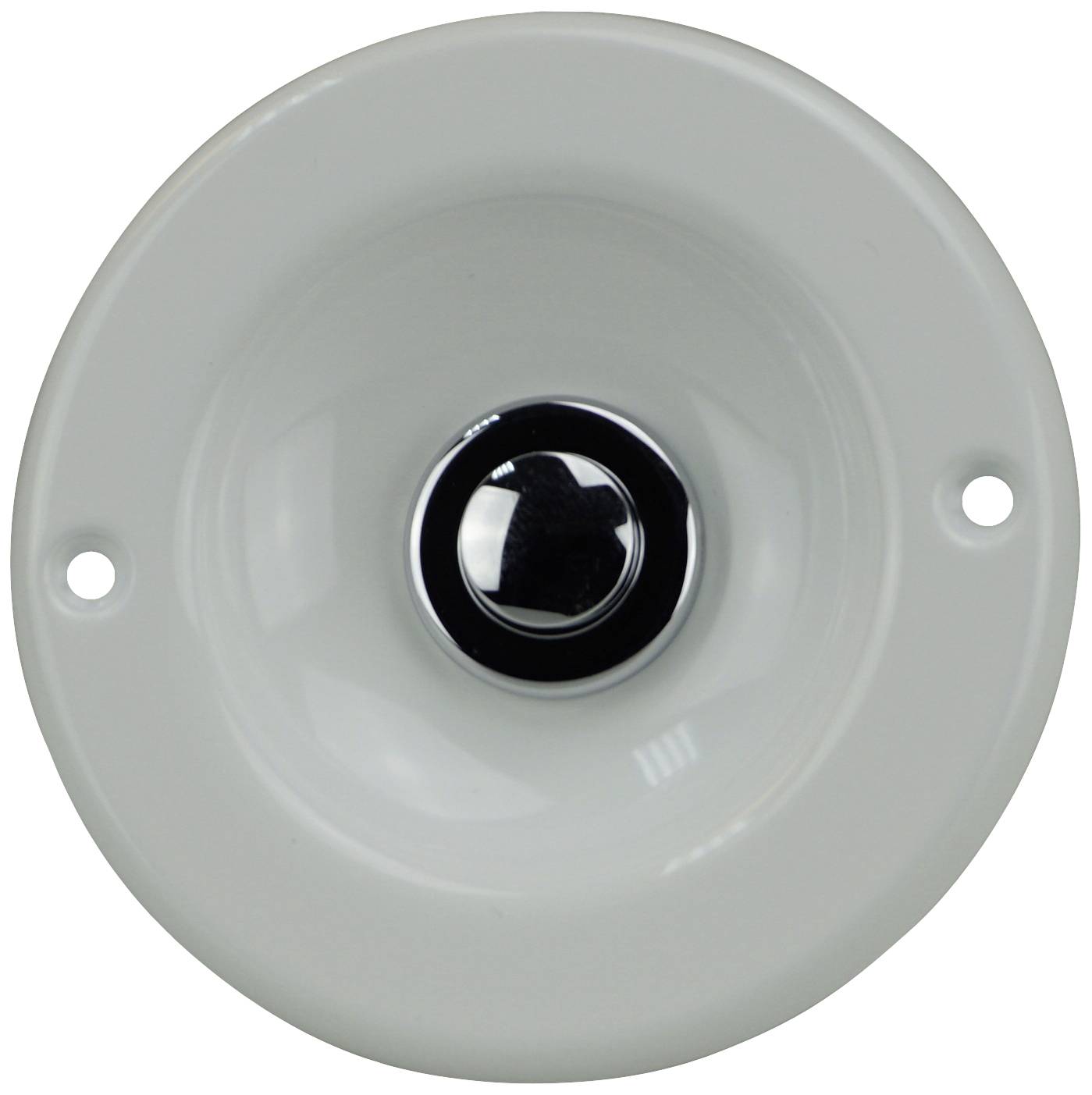 Weiße runde Gegensprechanlagenklingel mit schwarzem Knopf in der Mitte, montiert auf einer glatten Oberfläche.