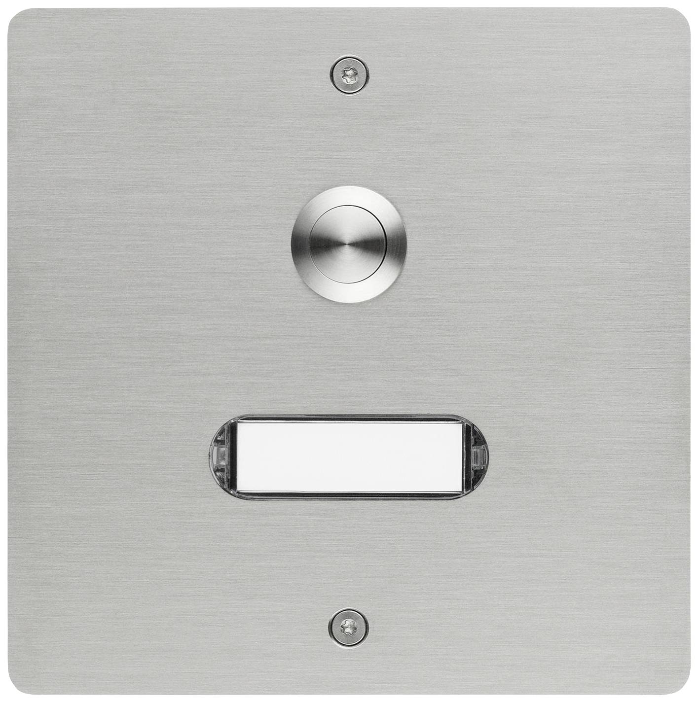 Edelstahl-Türsprechanlage mit Kamera und Lautsprecher, geeignet für den Außenbereich; enthält einen runden Knopf und ein Namensschild.