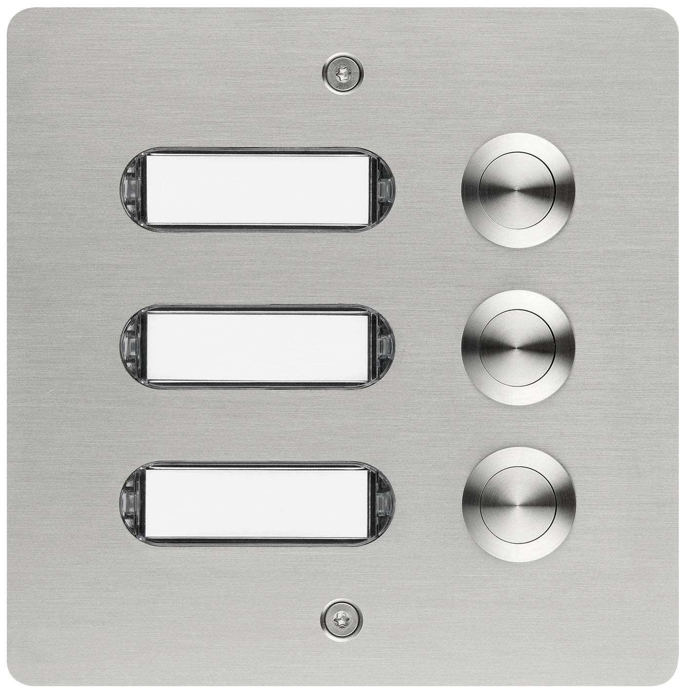 Eine silberne Türklingelplatte mit drei Namensschildern und drei runden Klingelknöpfen.