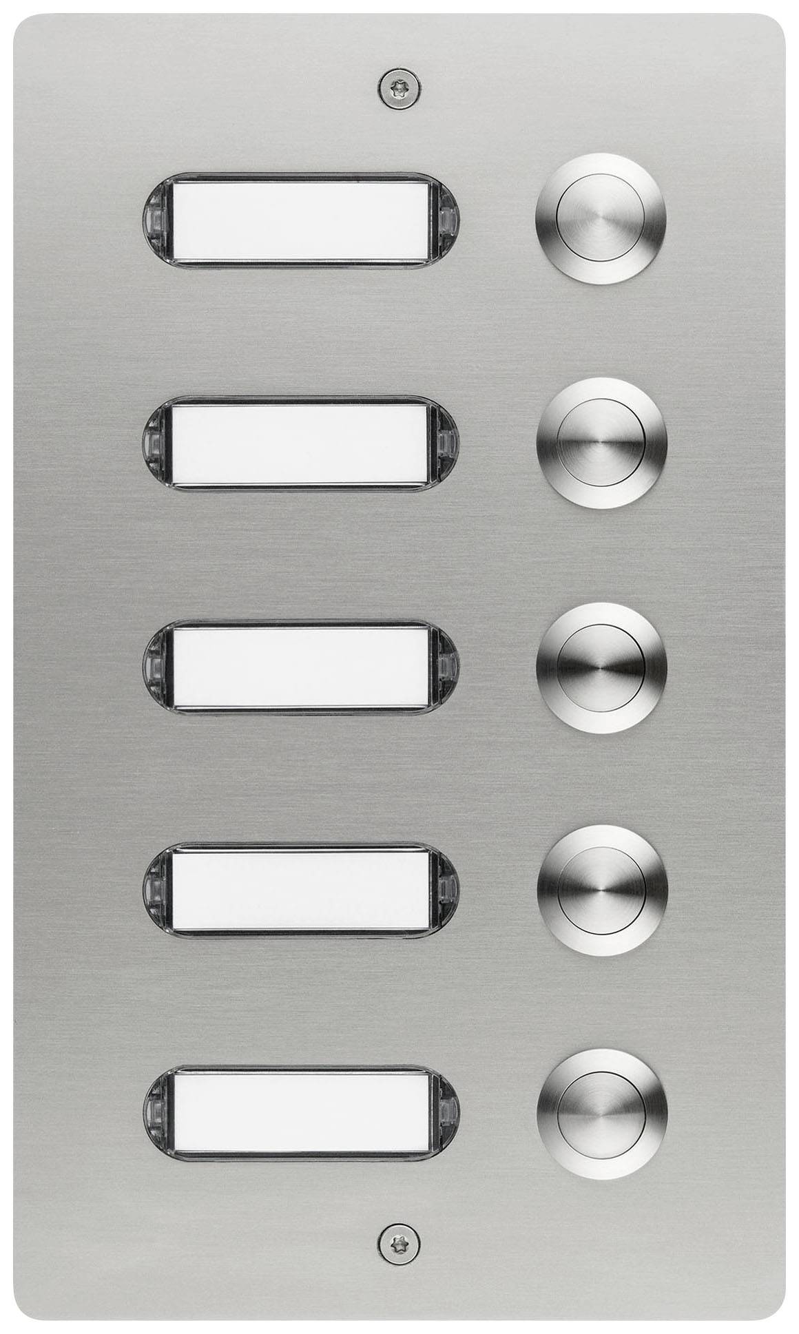 Klingelplatte aus Metall mit vier Klingeln und vier Namensschildern, geeignet für Mehrfamilienhäuser.