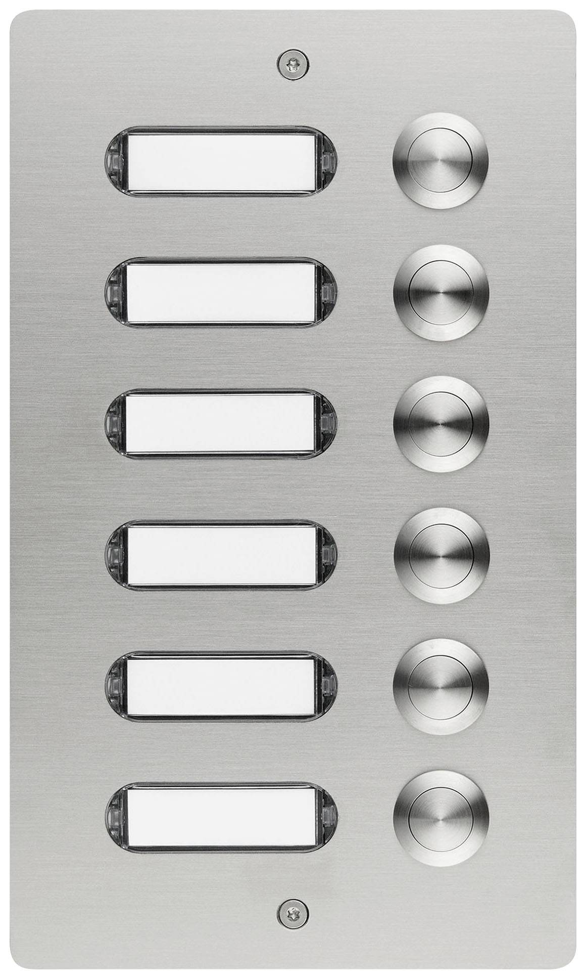 Sechs Klingelknöpfe mit dazugehörigen Namensschildern auf einer Metallplatte. Ideal für Mehrfamilienhäuser.