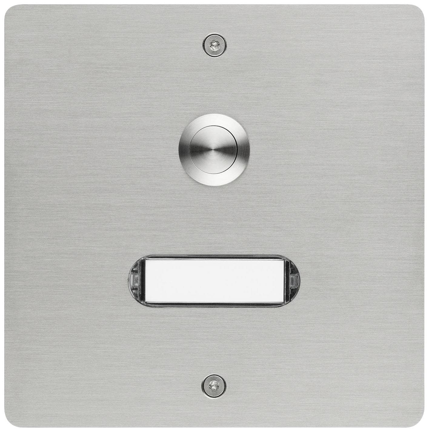 Eine Edelstahl-Türklingel mit einem runden Knopf oben und einem rechteckigen Namensschild darunter.