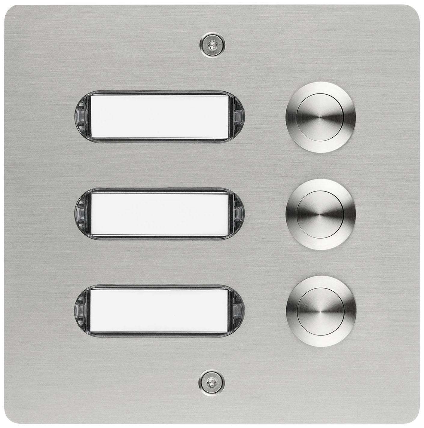 Klingelplatte aus Edelstahl mit drei Namensschildern und drei runden Druckknöpfen rechts.