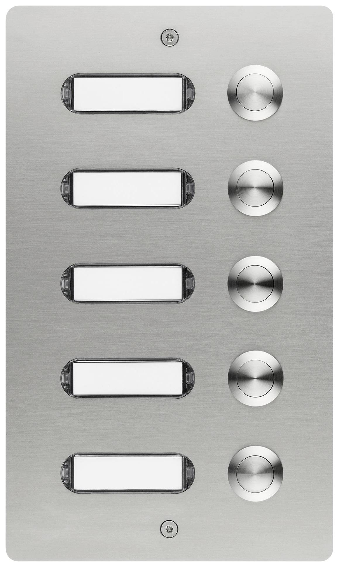 Eine Edelstahl-Gegensprechanlage mit vier Klingeltasten und jeweils einem runden Knopf daneben, zur Türkommunikation.