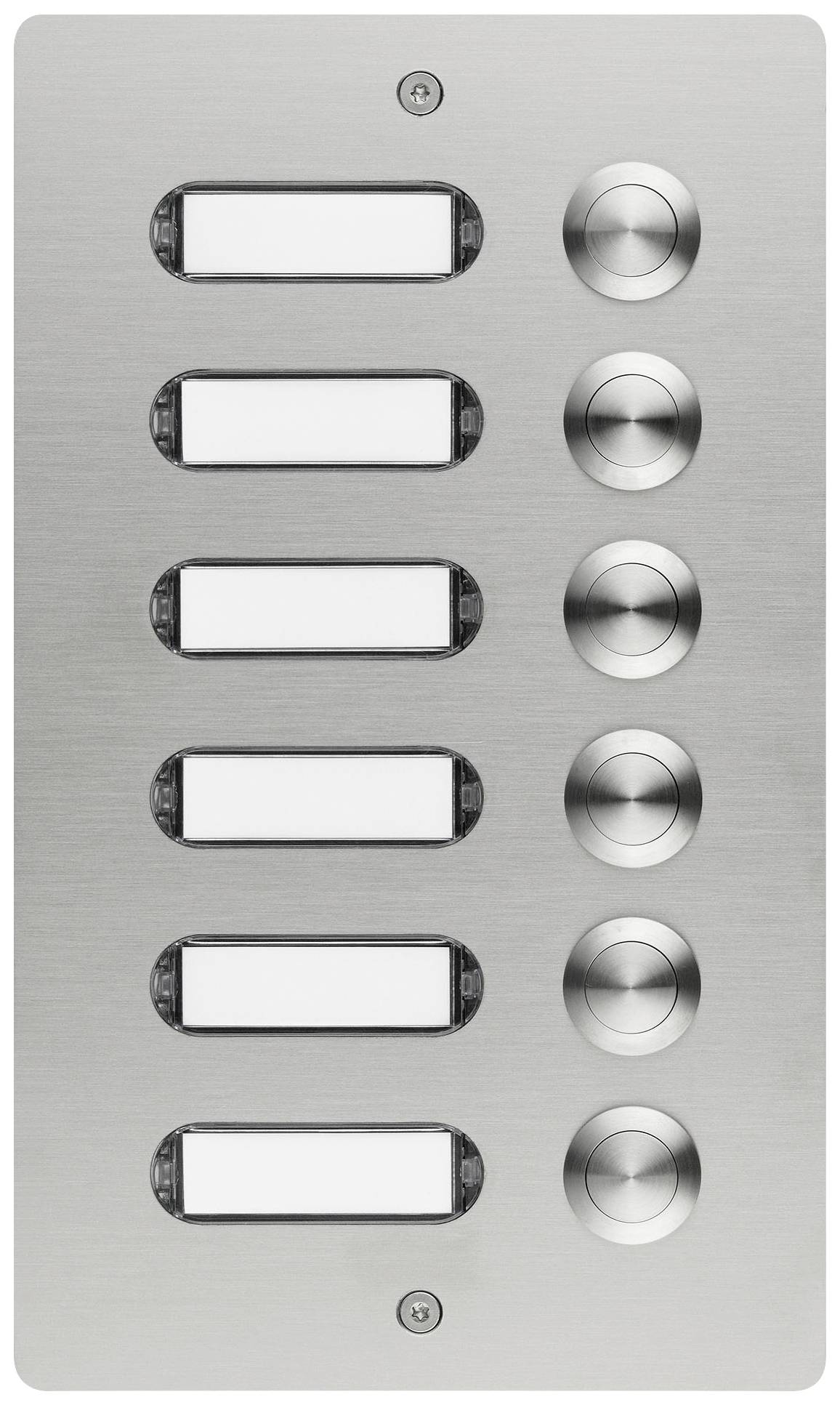 Türklingelplatte aus Metall mit sechs Klingeltasten und sechs Namensschildern nebeneinander.