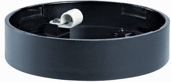 Ein runder, schwarzer Metallrahmen mit einer Halterung in der Mitte. Möglicherweise Teil einer Lampenhalterung oder ähnlichem Gerät.