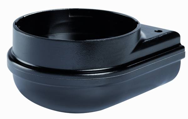 Schwarze Kunststoffkomponente, rund mit flachem Boden, möglicherweise ein Teil eines technischen Geräts oder einer Maschine.
