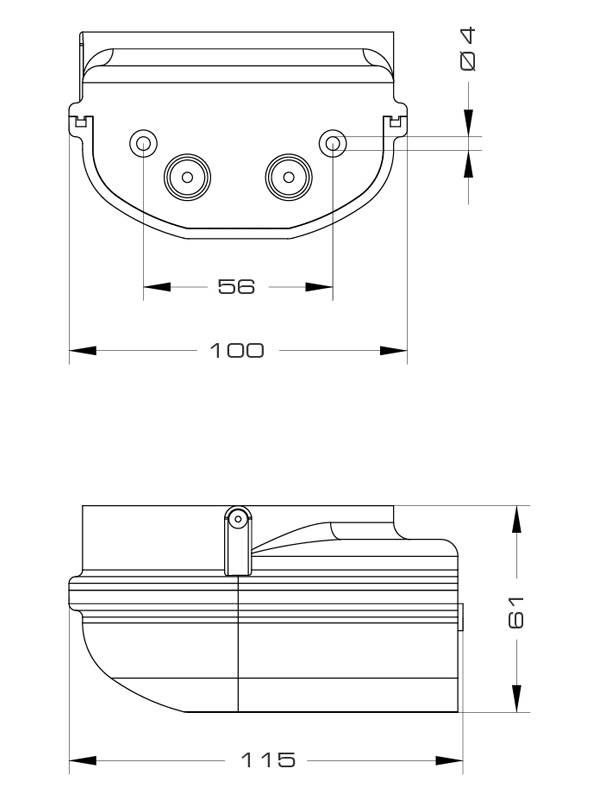 Technische Zeichnung eines Bauteils mit Maßen: Breite 100 mm, Höhe 61 mm, Tiefe 115 mm. Zeigt Vorder- und Seitenansicht.