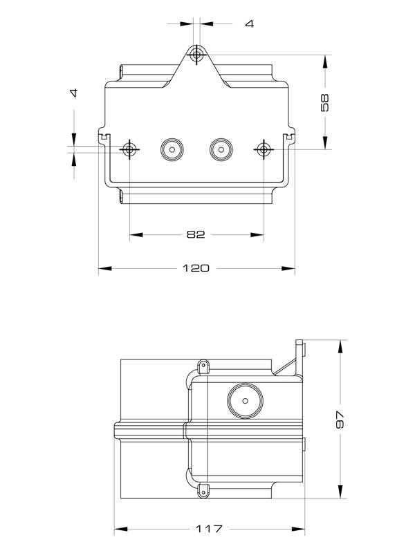 Technische Zeichnung eines Geräts mit Vorder- und Seitenansicht. Maße: 120 mm Breite, 58 mm Höhe vorne; 117 mm Tiefe seitlich.