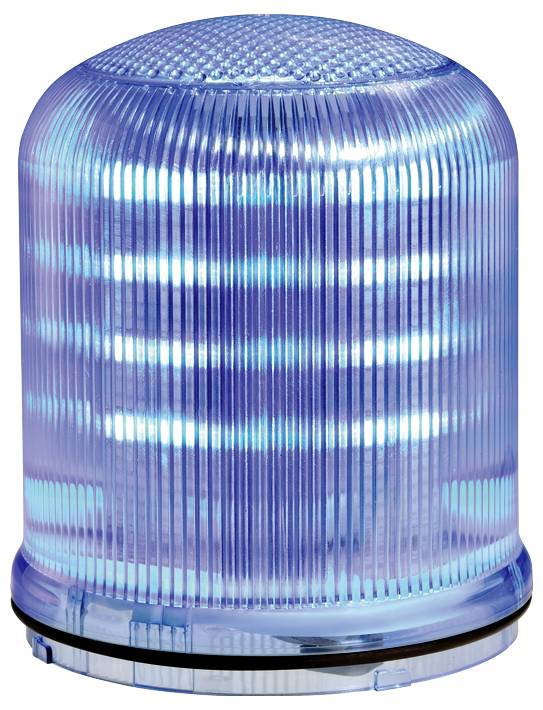 Ein blaues Warnlicht in Form einer durchsichtigen Haube mit horizontalen Leuchtstreifen, das oft in Notfallsituationen eingesetzt wird.