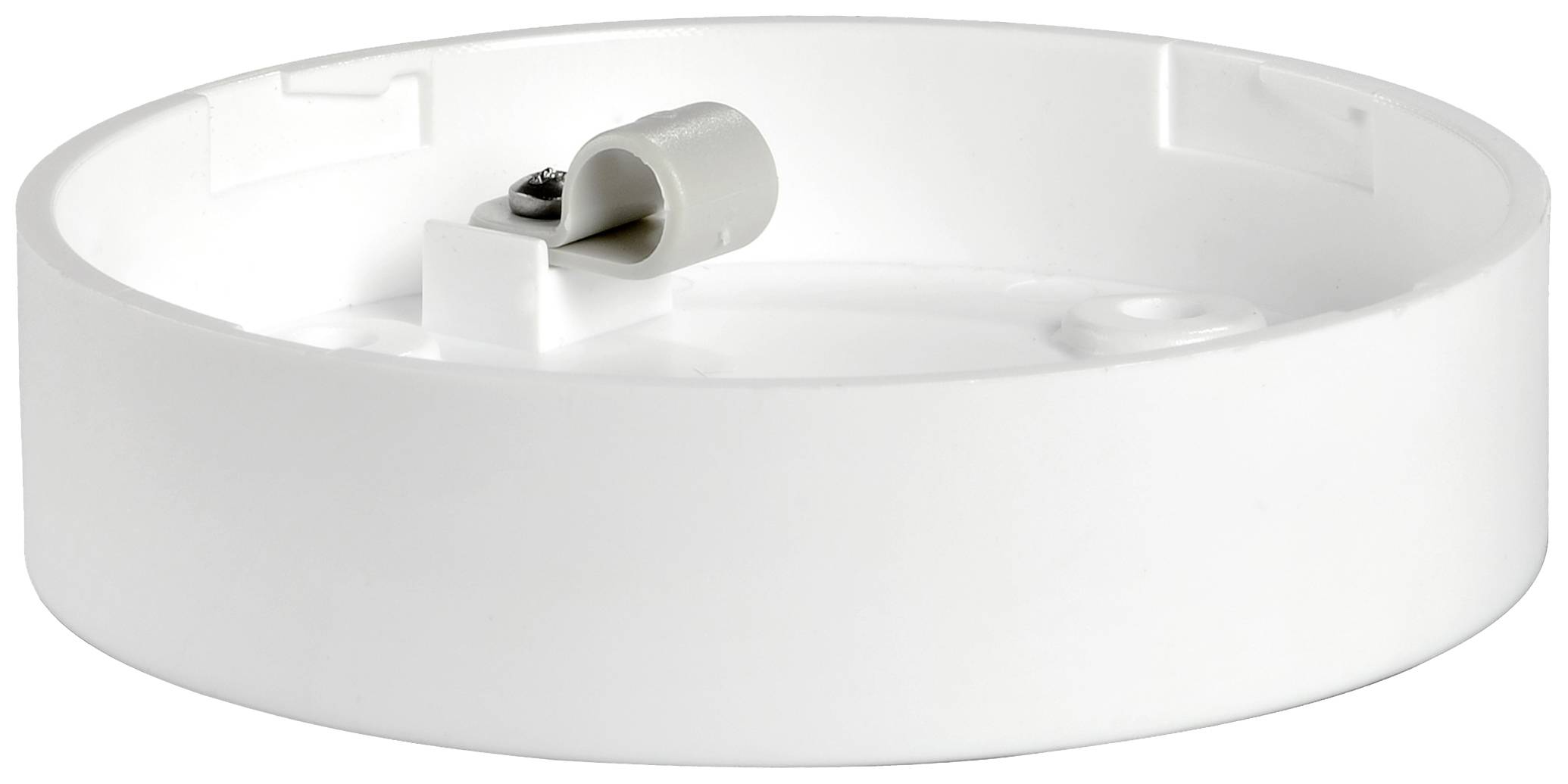 Weiße, runde Montagehalterung mit Schraube. Geeignet für die Befestigung von elektronischen Geräten oder Lampen an Wänden oder Decken.