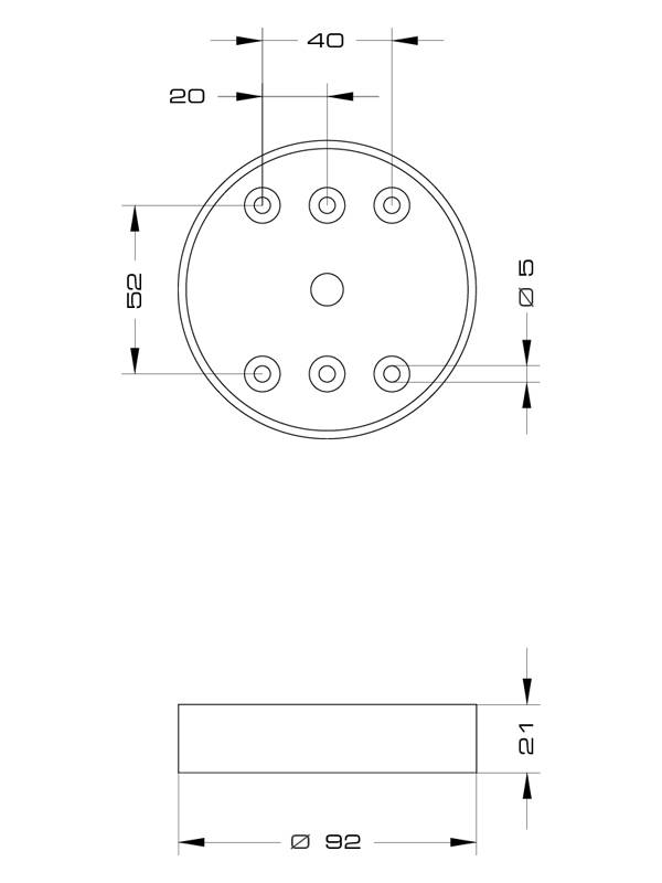 Technische Zeichnung eines zylindrischen Teils: Obenansicht zeigt fünf Löcher mit Abständen. Seitenansicht zeigt Zylinderdurchmesser und -höhe.