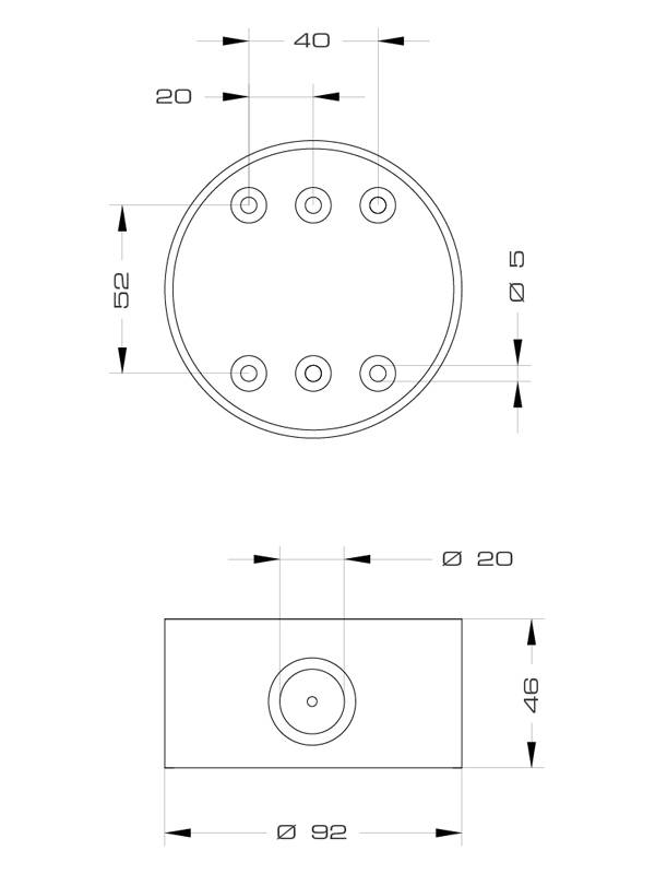 Technische Zeichnung eines runden Anschlussstücks mit Maßen. Oben: Durchmesser 52 mm, fünf Löcher. Unten: Seitenansicht, Höhe 46 mm.