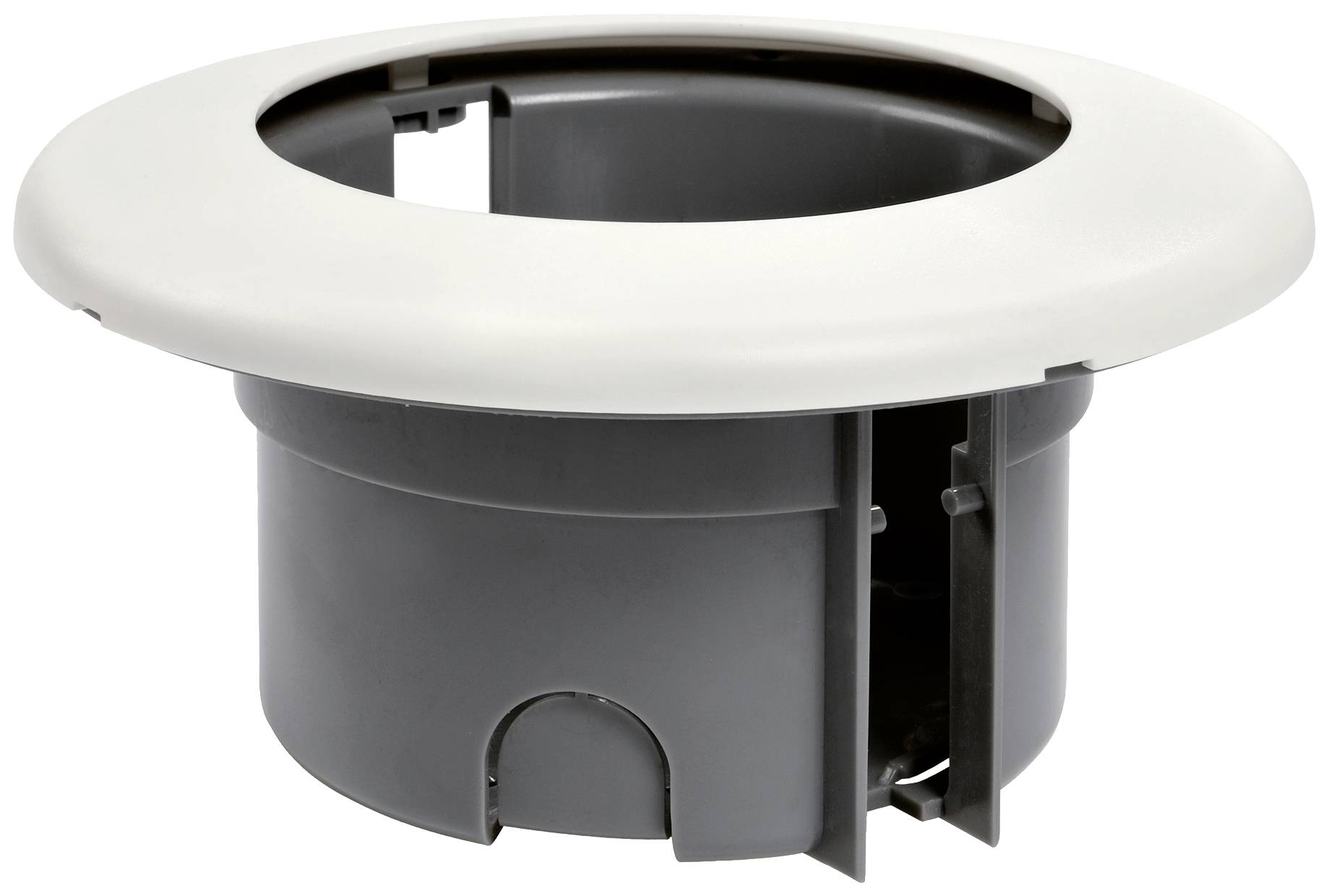 Deckeneinbaudose mit einem weißen Rahmen, geeignet für den Einbau in abgehängte Decken. Sie hat eine runde Form und ist in dunklem Grau gehalten.