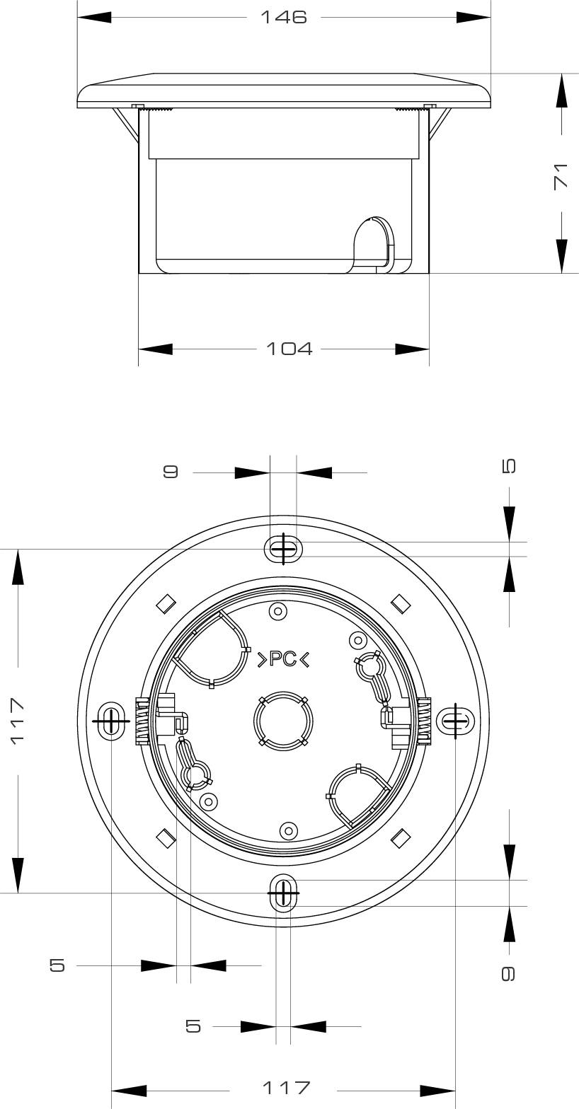 Technische Zeichnung zeigt die Front- und Seitenansicht einer runden Deckeneinbaubox. Maße: Durchmesser 146 mm, Tiefe 71 mm.