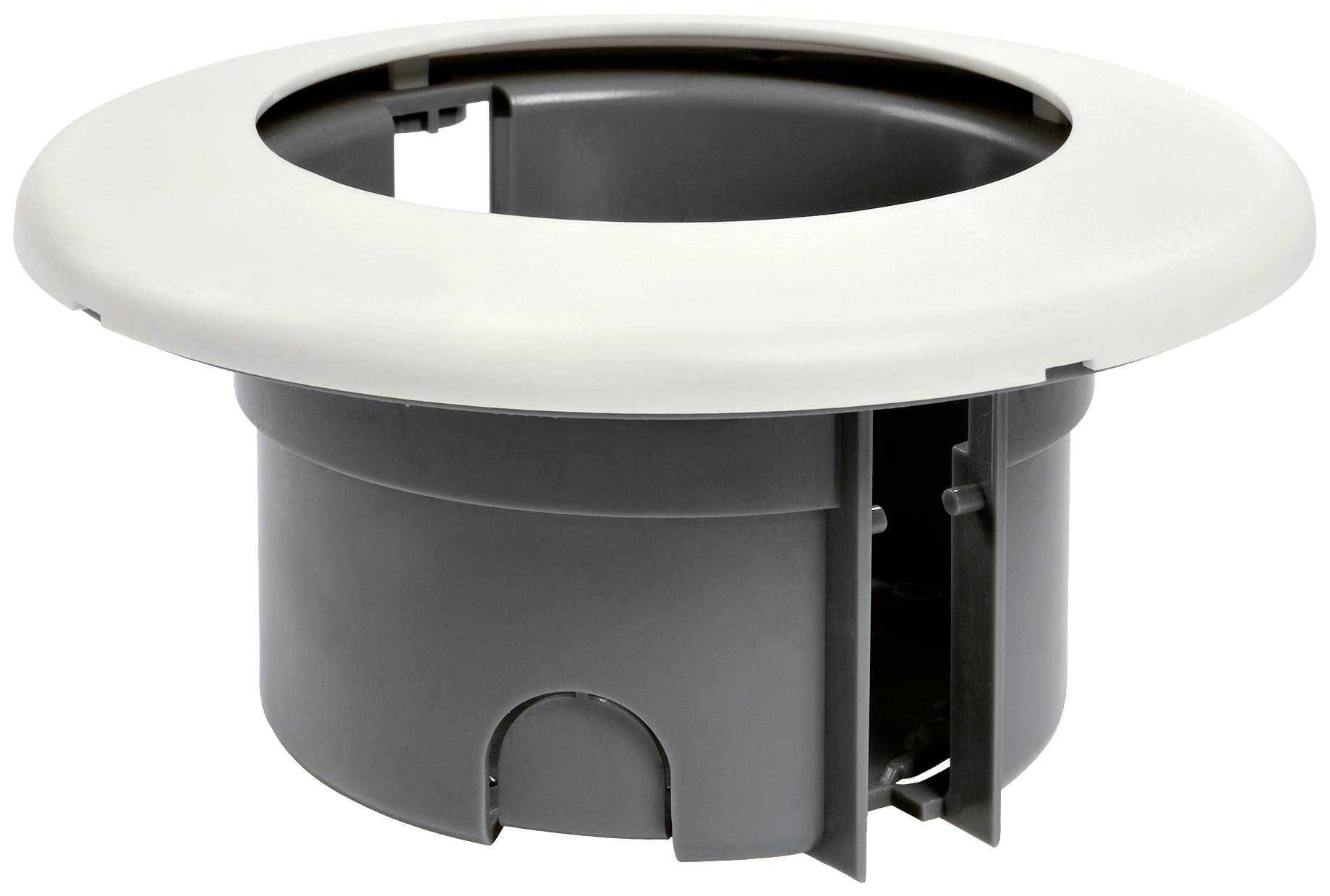 Rundes Kunststoffteil mit einem breiten, weißen Rand und einem grauen Innenbereich. Möglicherweise ein Einbaugehäuse oder Rahmen.