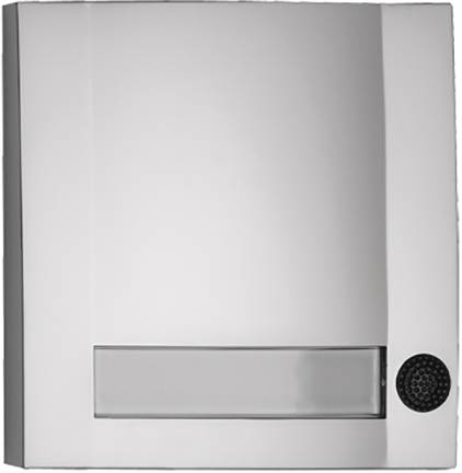 Ein moderner elektrischer Seifenspender aus Edelstahl, rechteckig mit glatter Oberfläche und einer kleinen runden Öffnung unten rechts.