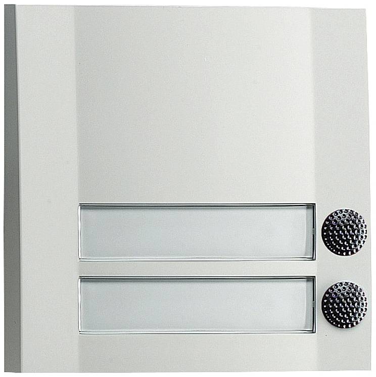 Klingelanlage mit zwei Tasten und Namensschildhaltern aus Metall, geeignet für Gebäude mit mehreren Parteien.